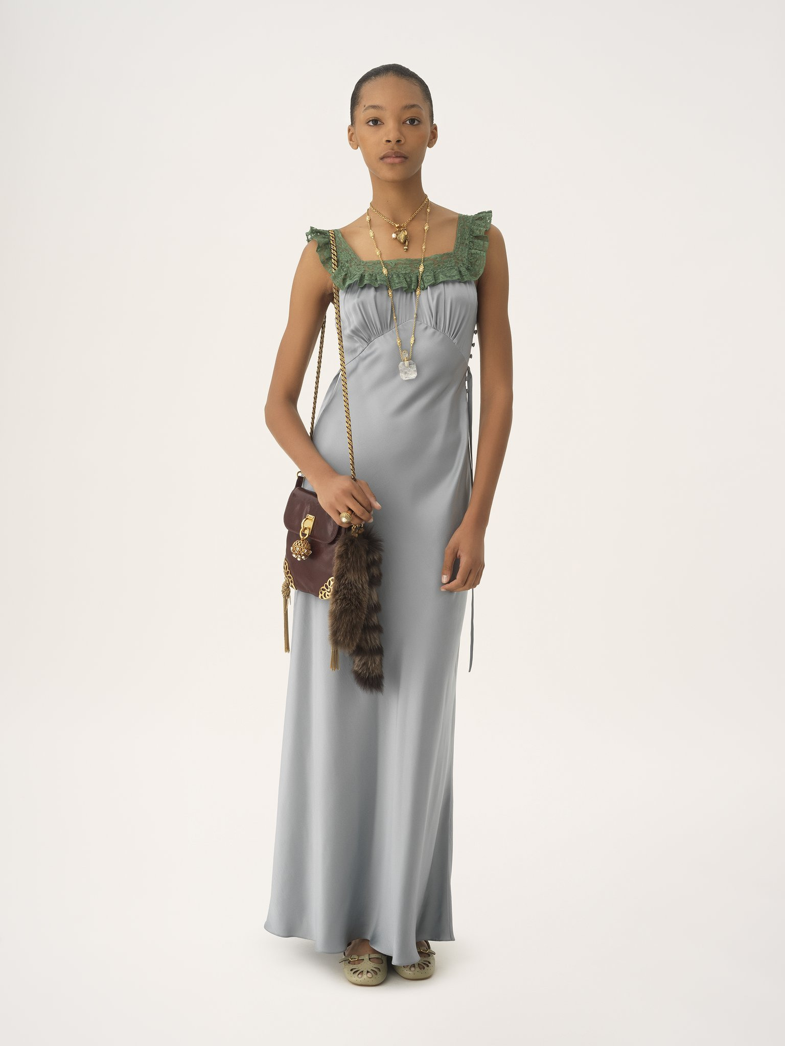 SLEEVELESS COLUMN DRESS IN WASHED SILK SATIN & LACE - 3
