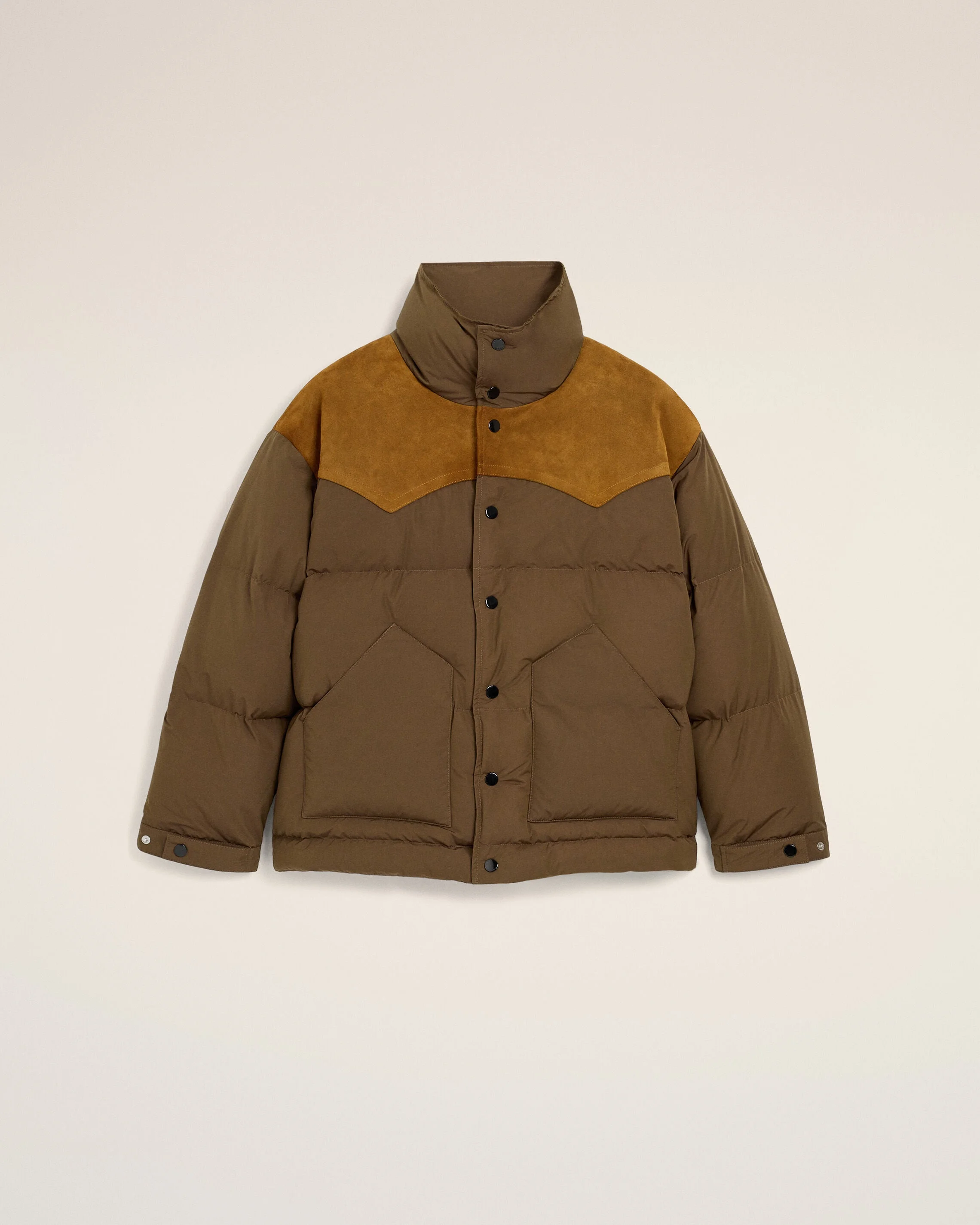 BROWN NYLON AND COTTON DOWN JACKET WITH LEATHER PANELS - 1