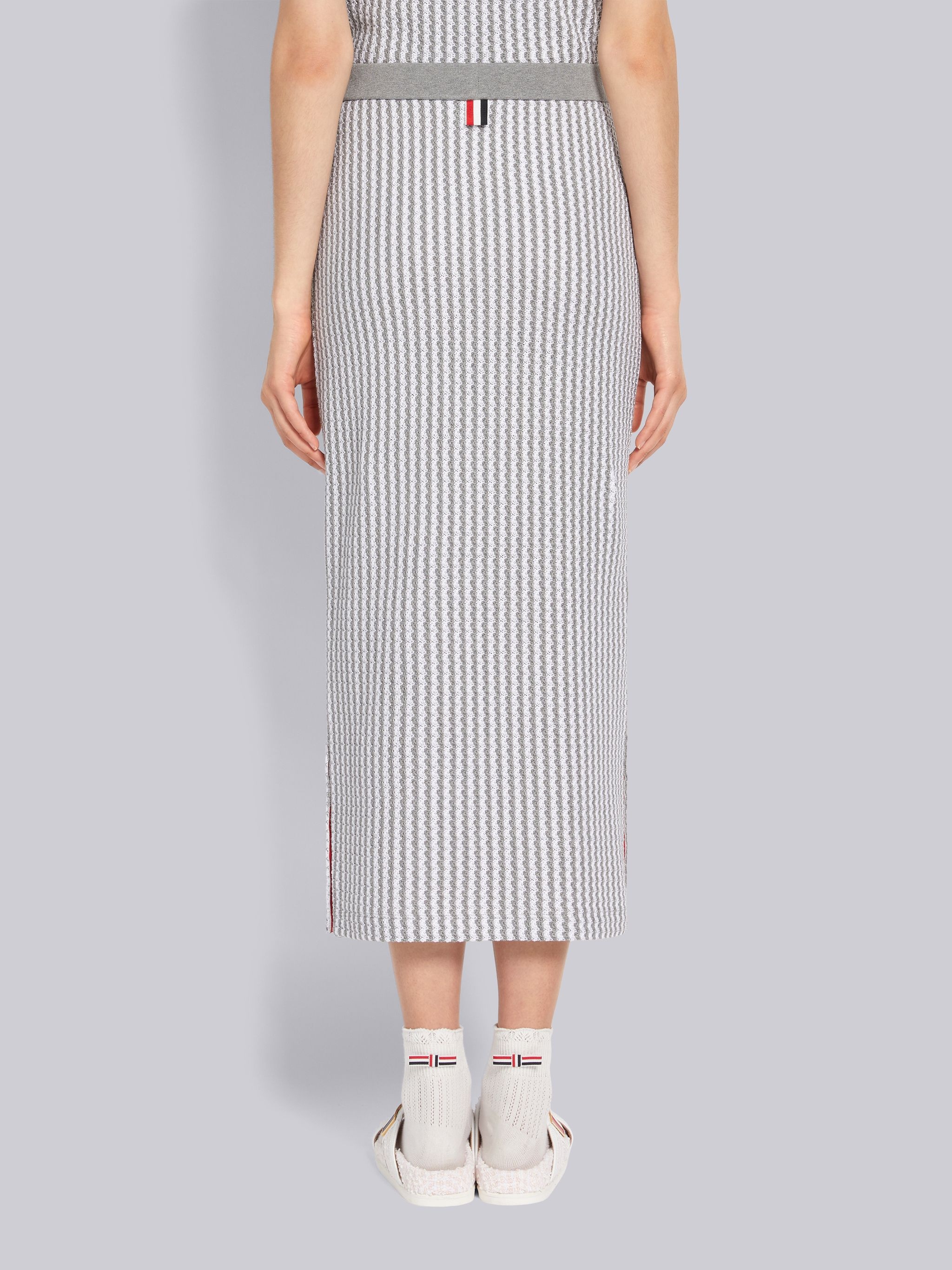 Light Grey University Stripe Cotton Tweed Engineered Stripe Side Vent Calf Length Skirt - 3