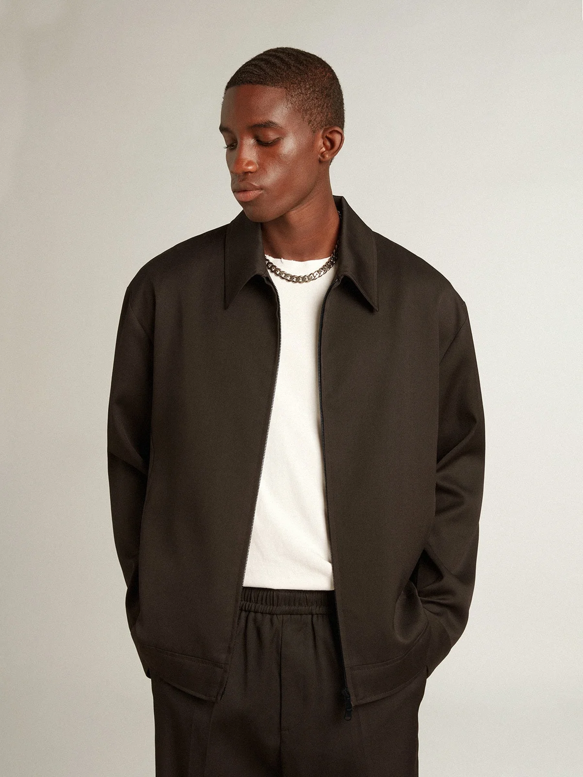Golden Goose Men's zip-up jacket in black wool gabardine | REVERSIBLE