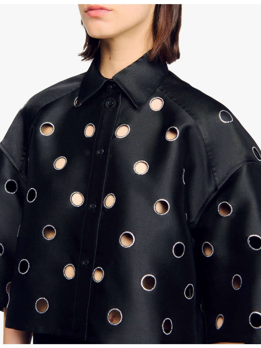 Rhinestone-Embellished Cut-Out Cropped Woven Shirt - 5