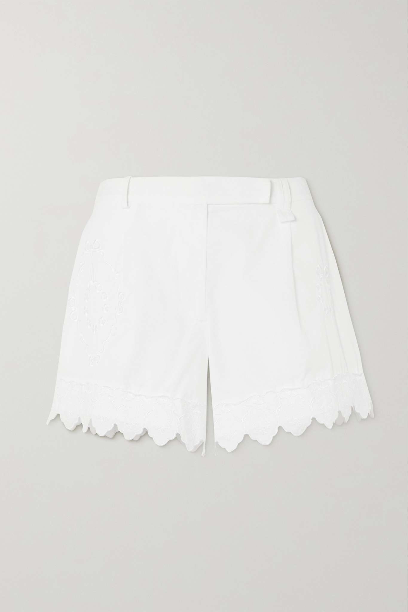 Lace-trimmed embroidered cotton-poplin shorts - 1