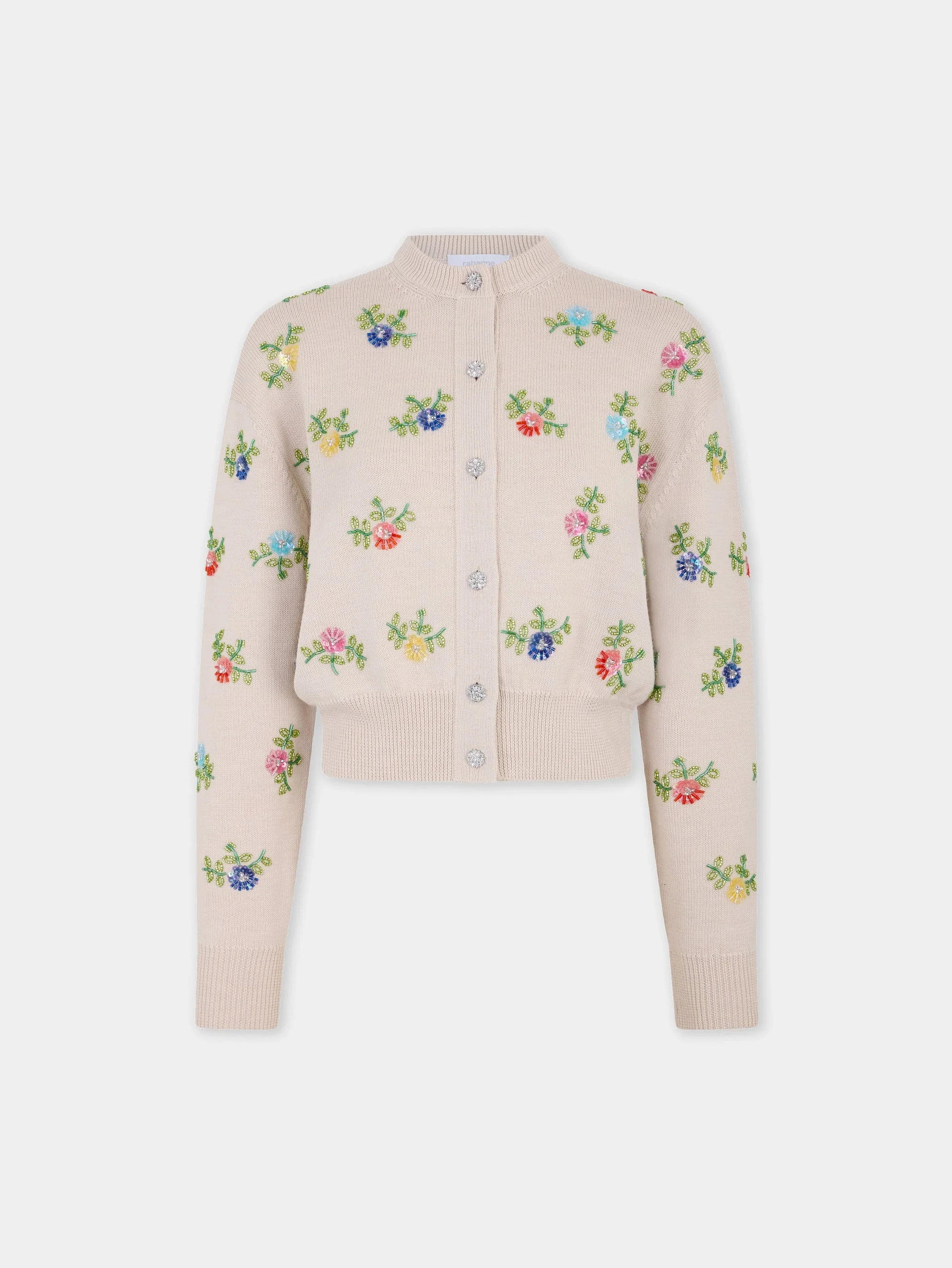 BEIGE WOOL CARDIGAN WITH MULTICOLOUR FLORAL EMBROIDERY - 1