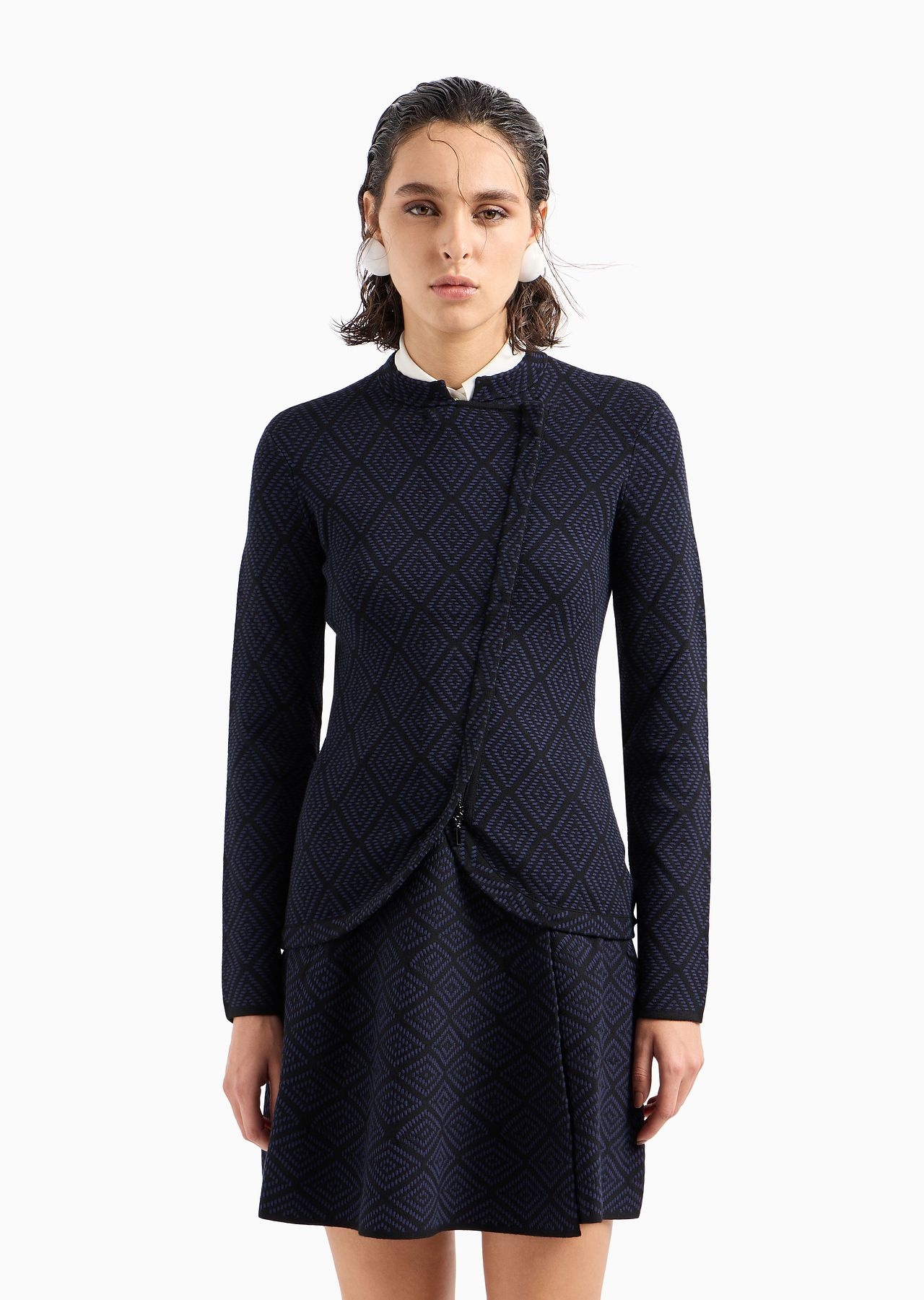 Stretch knit jacket with diagonal zip and jacquard diamond motif - 2