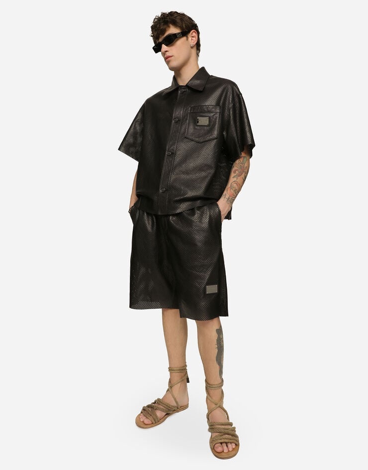 Openwork leather shirt with brand plate - 5