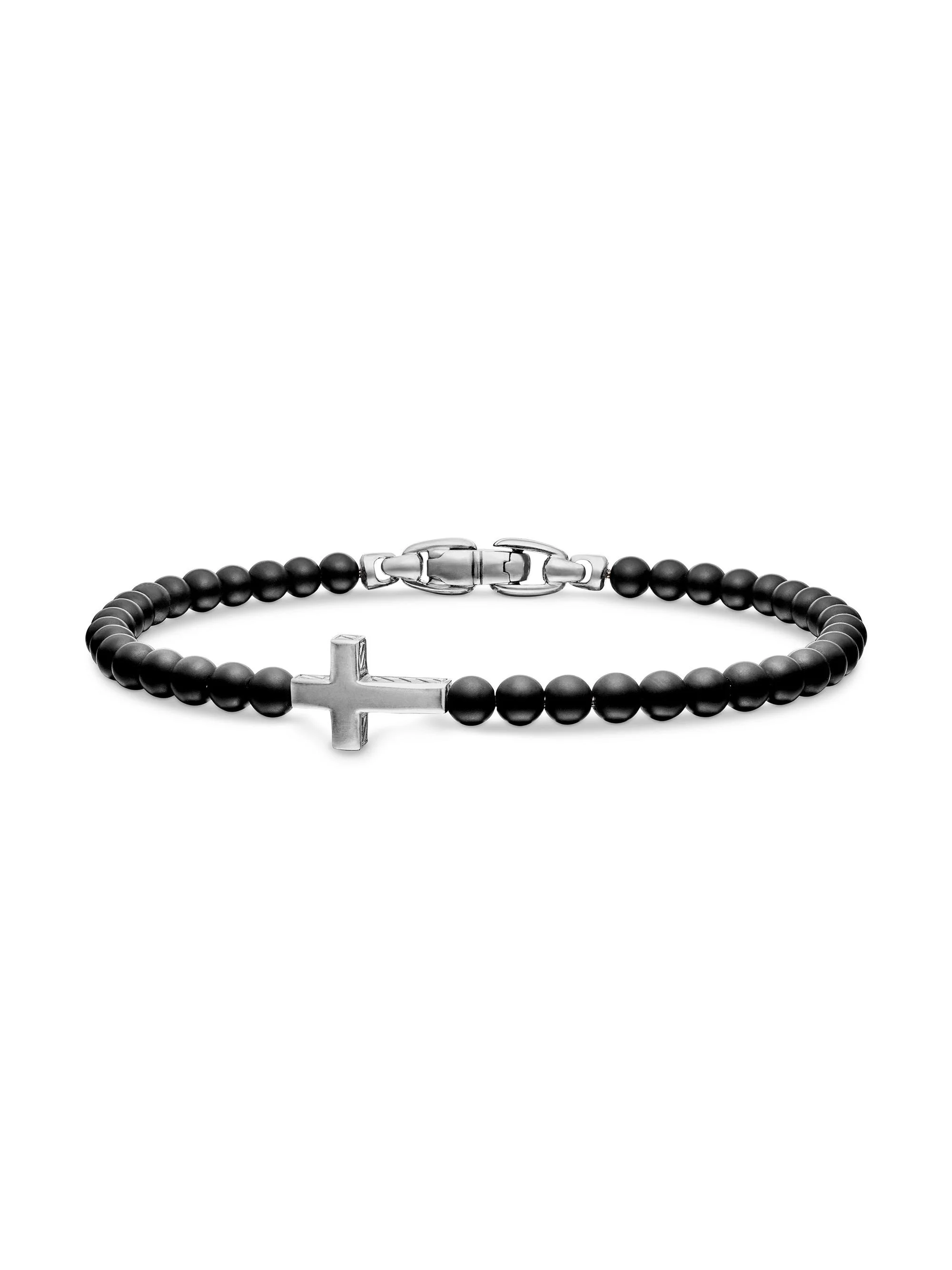 Men's Spiritual Beads Cross Station Bracelet in Sterling Silver - Black Onyx - 1