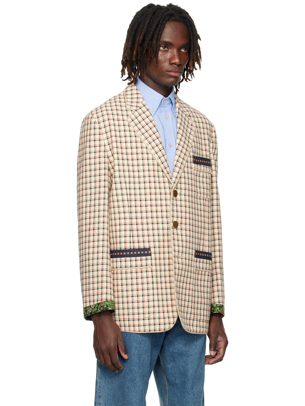 Beige Check Pattern Single-Breasted Cotton Blazer - 2