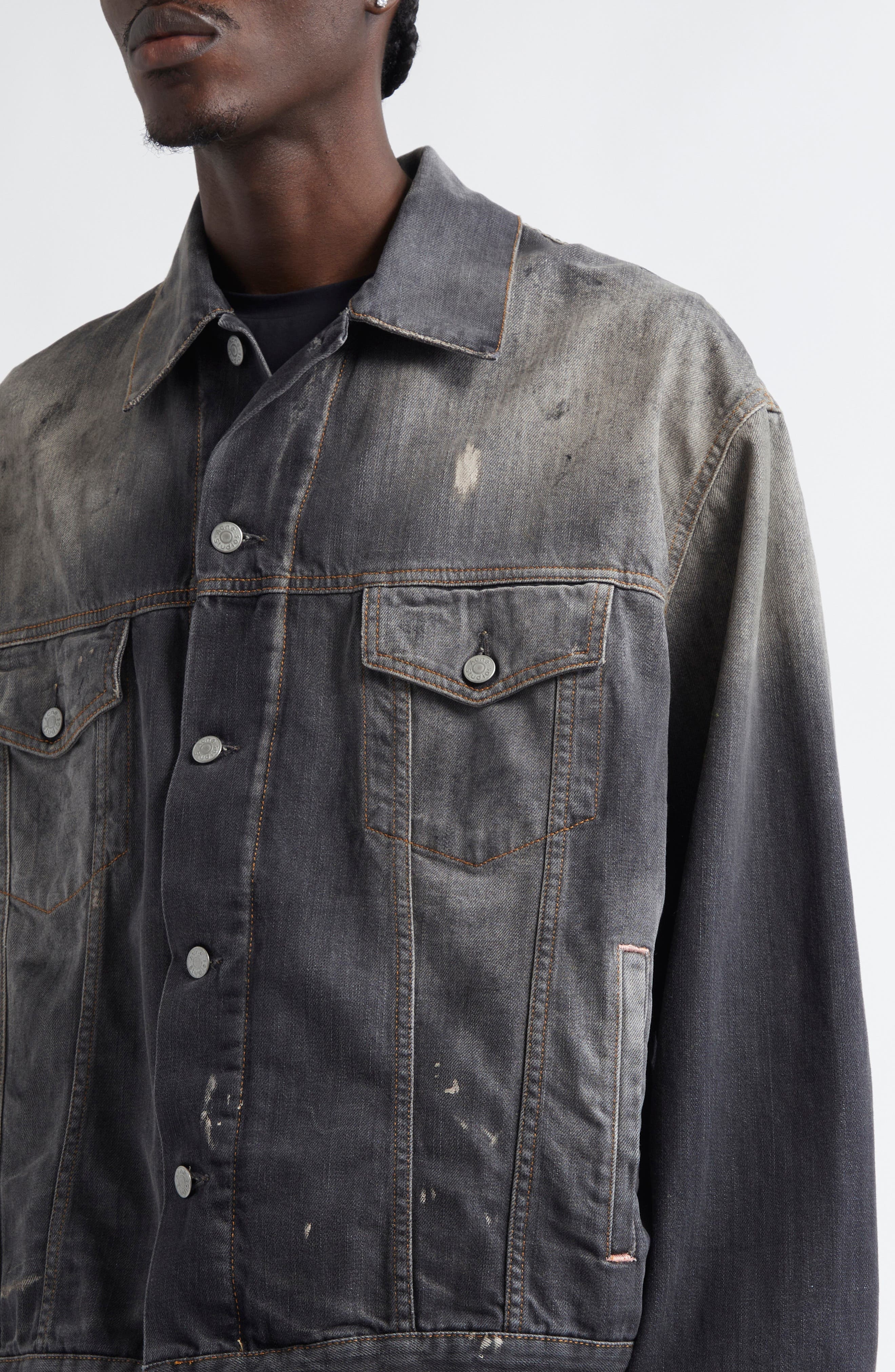 Acne Studios Oversize Paint Smudged Denim Jacket in Black at Nordstrom - 5
