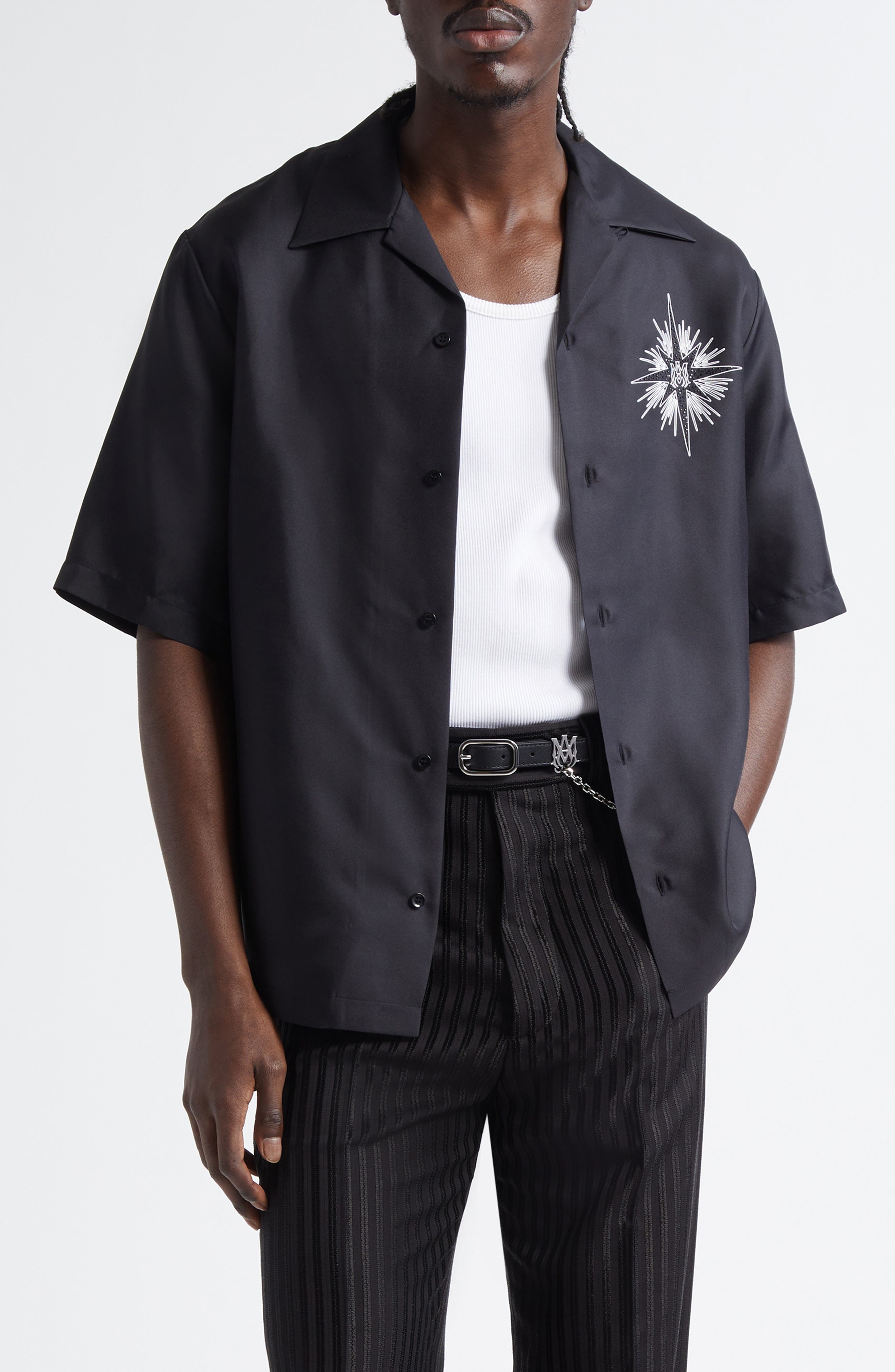 AMIRI Starburst Crystal Silk Camp Shirt in Black at Nordstrom - 1