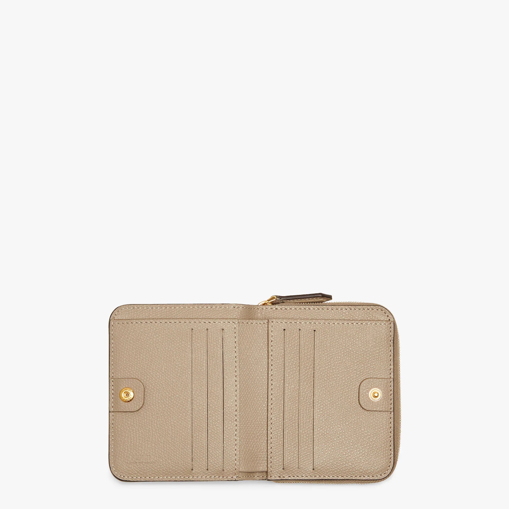 F is Fendi compact bi-fold wallet. Interior organized into a bill compartment and card holder slot.  - 4