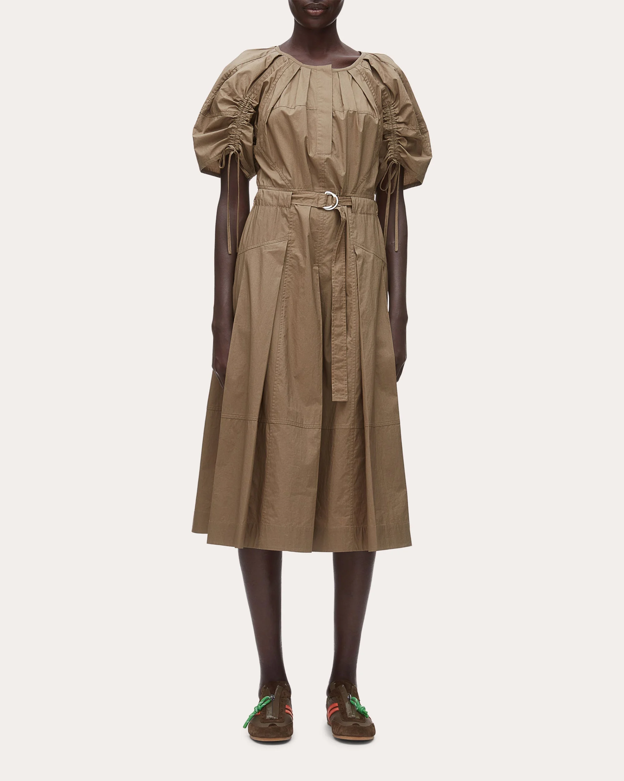 Cotton Poplin Ruched-Sleeve Midi Dress - 1