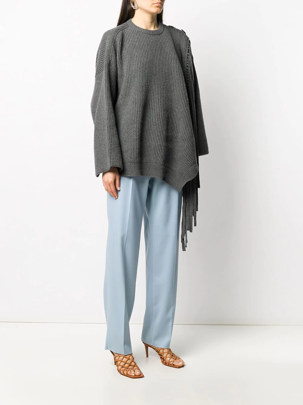 fringed asymmetric crew neck jumper - 3