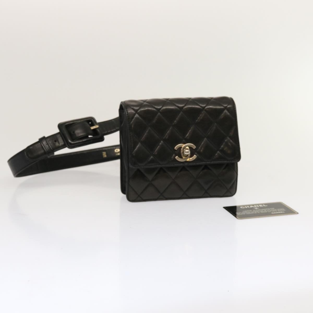 CHANEL Matelasse Turn Lock Waist Bag Lamb Skin Black CC - 12