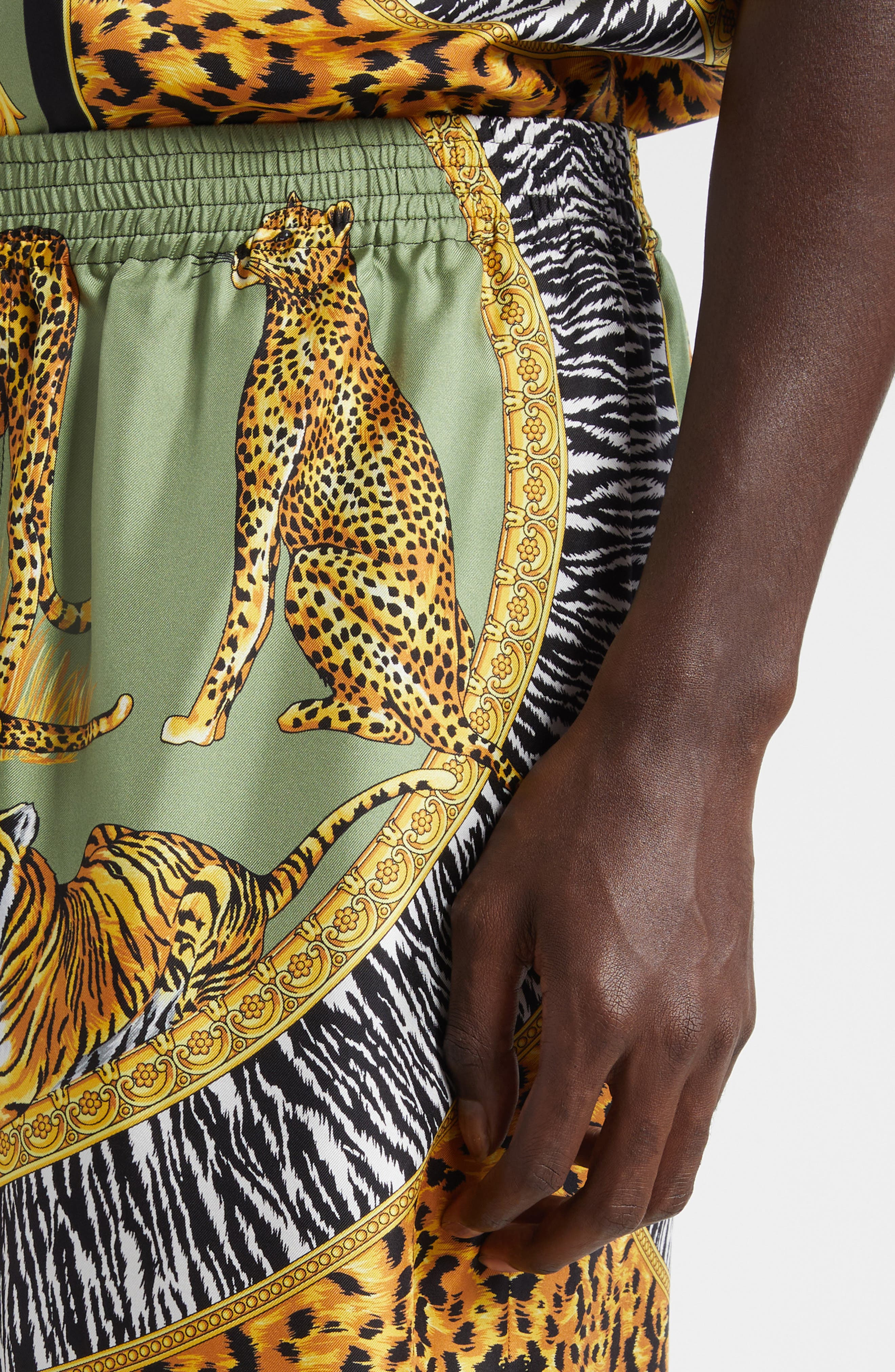 Versace Wild Cats Print Silk Twill Shorts in Green Black at Nordstrom - 4