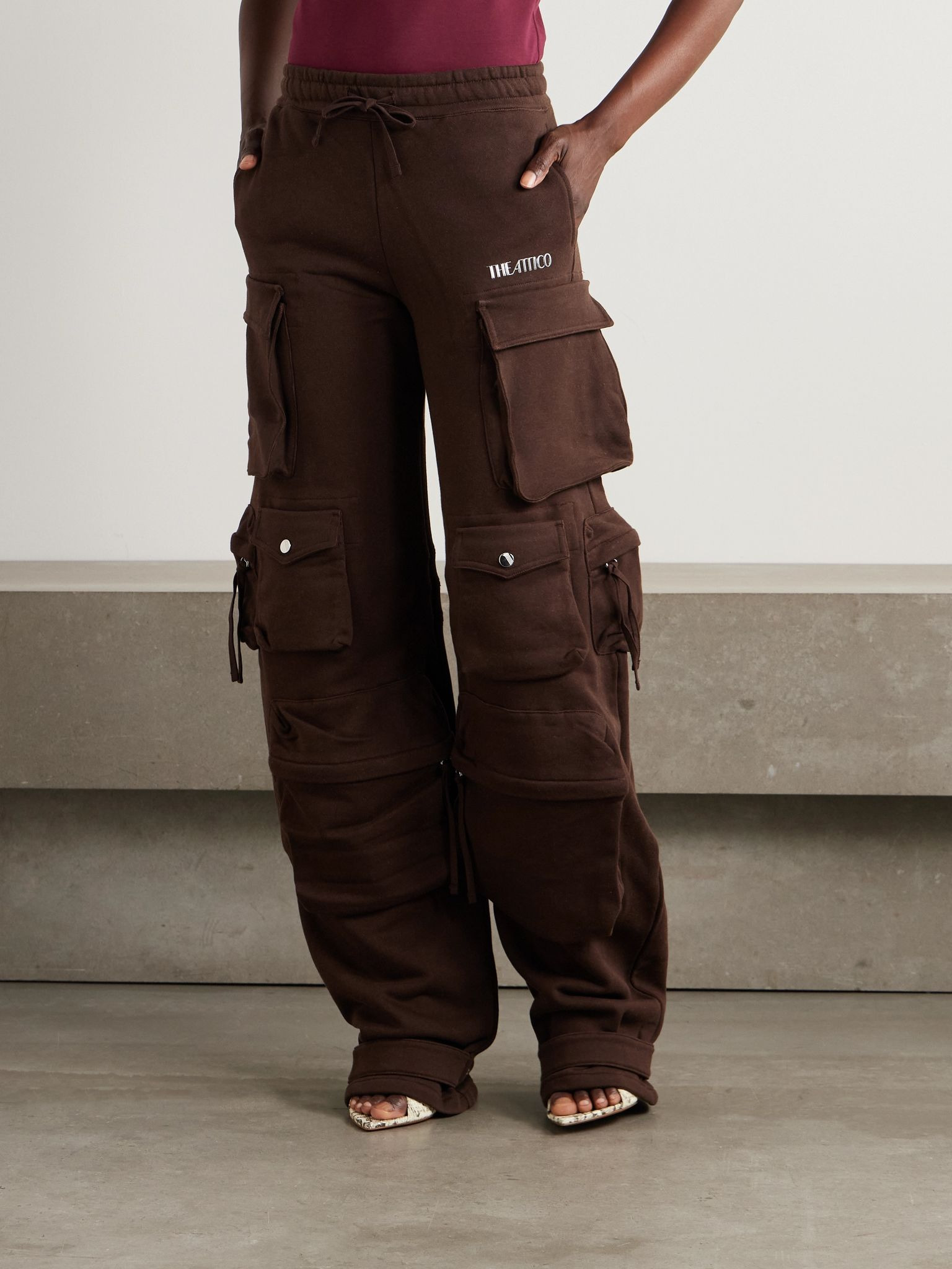 Appliquéd stretch-cotton jersey wide-leg cargo pants Brown - 3
