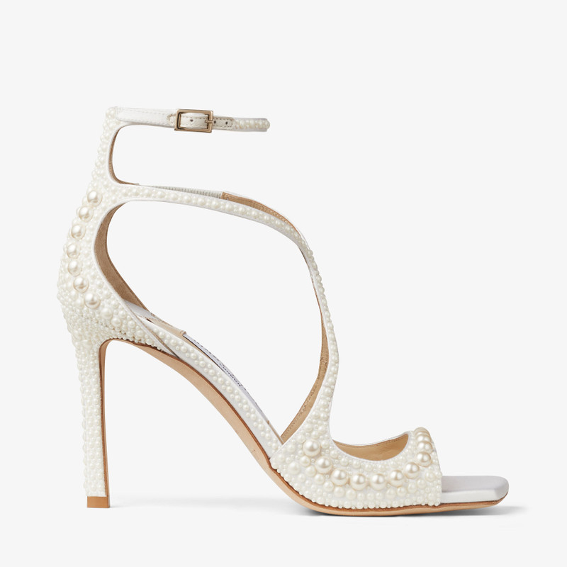 Azia 95 White Satin Sandals with All-Over Pearls - 1