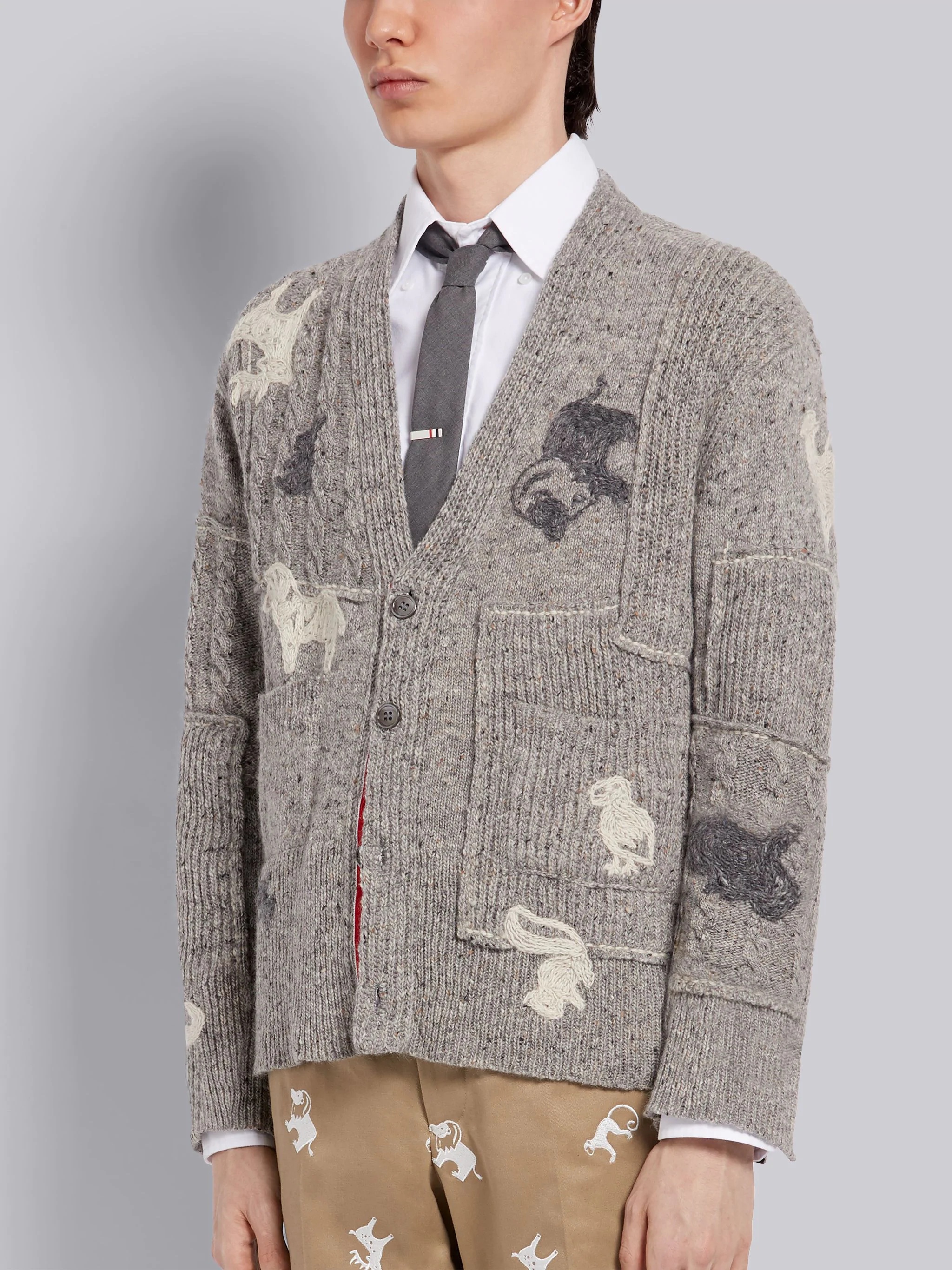 Light Grey Wool Mohair Tweed Hand Embellished Animal Icon V-Neck Cardigan - 2