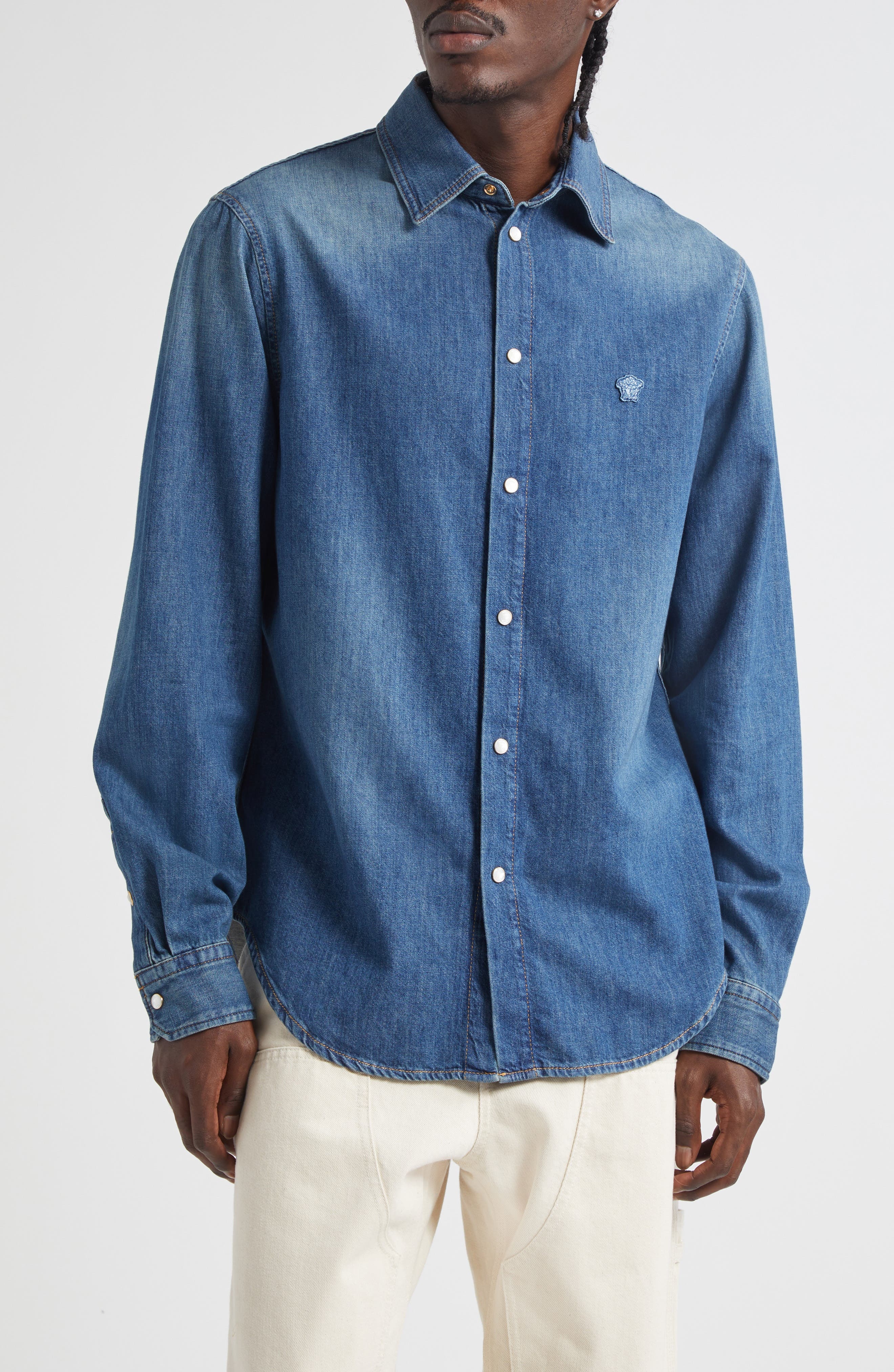 Versace Medusa Patch Denim Snap-Up Shirt in Medium Blue at Nordstrom - 1
