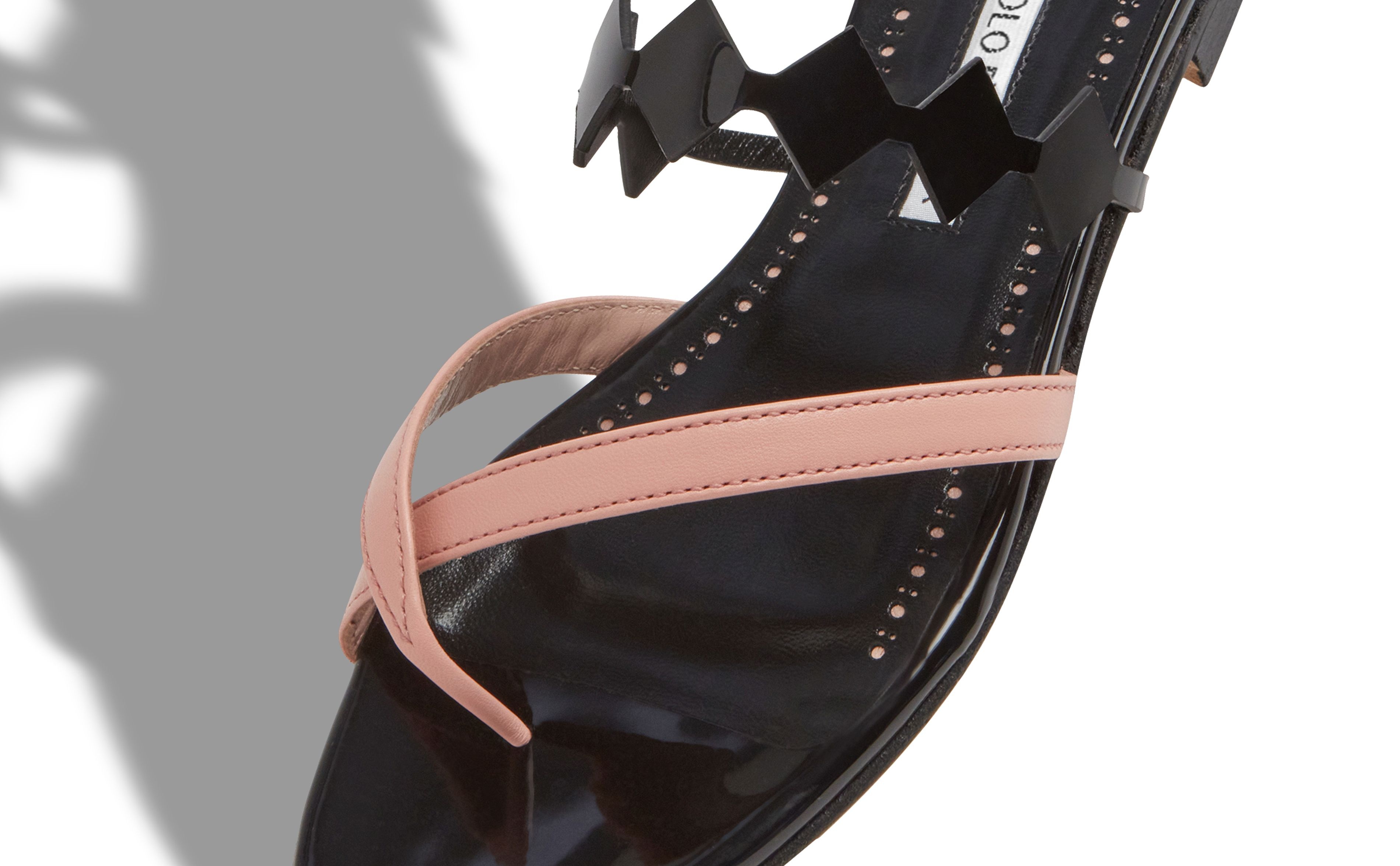 Light Pink and Black Leather Flat Sandals - 4