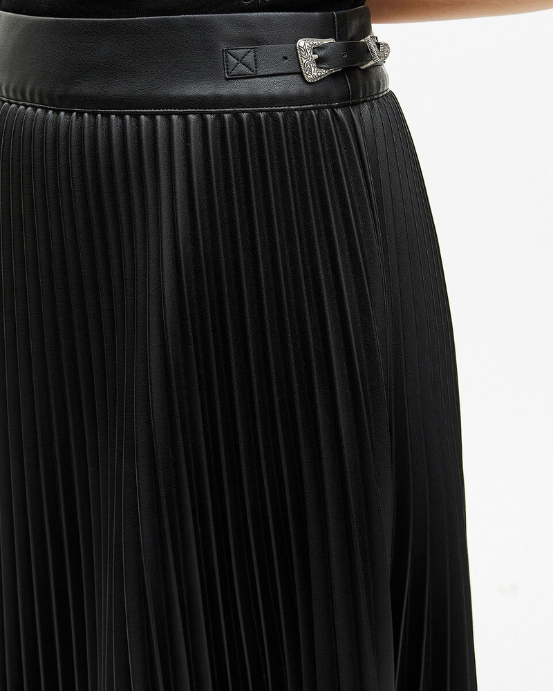BLACK LEATHER-EFFECT PLEATED LONG SKIRT 5
