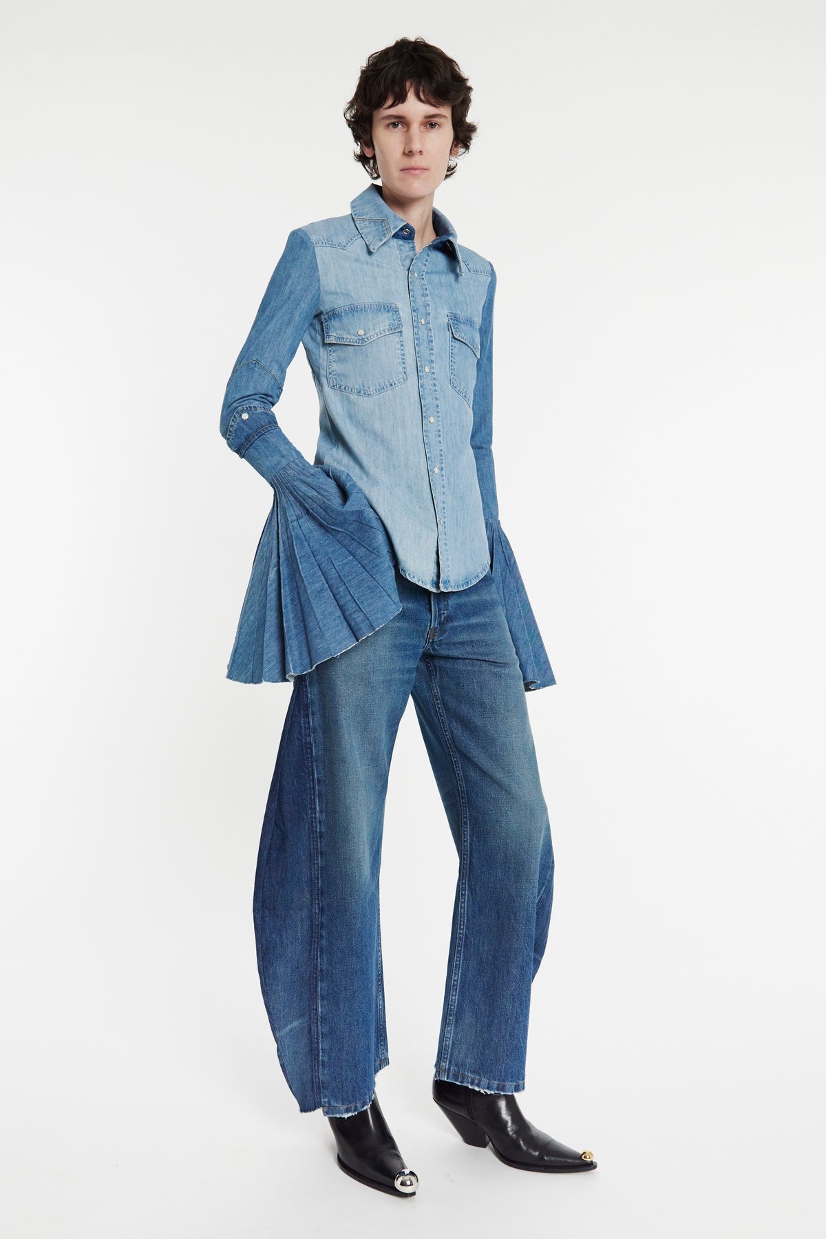 RECYCLED DENIM SHIRT WITH PLEATED BELL SLEEVES BLUE - 7