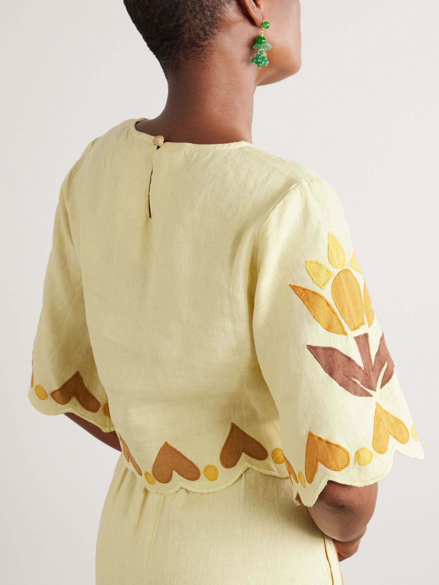 Summer cropped scalloped appliquéd linen top Yellow - 3