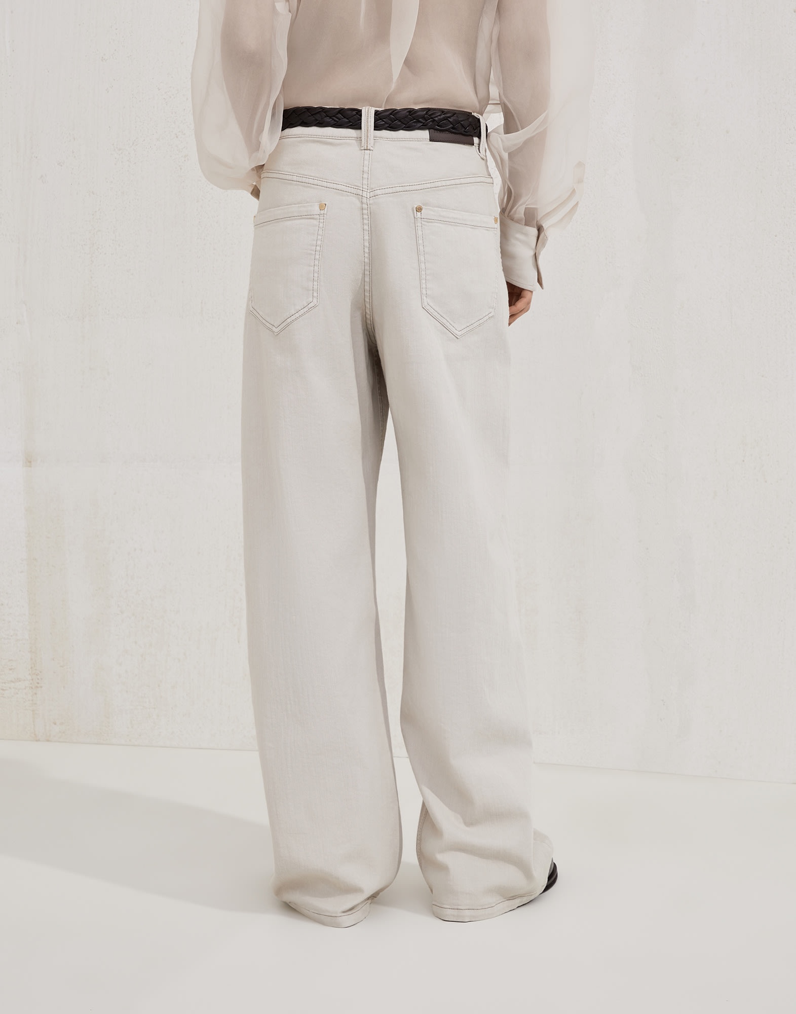 Stretch dyed denim loose barrel trousers with monili - 2