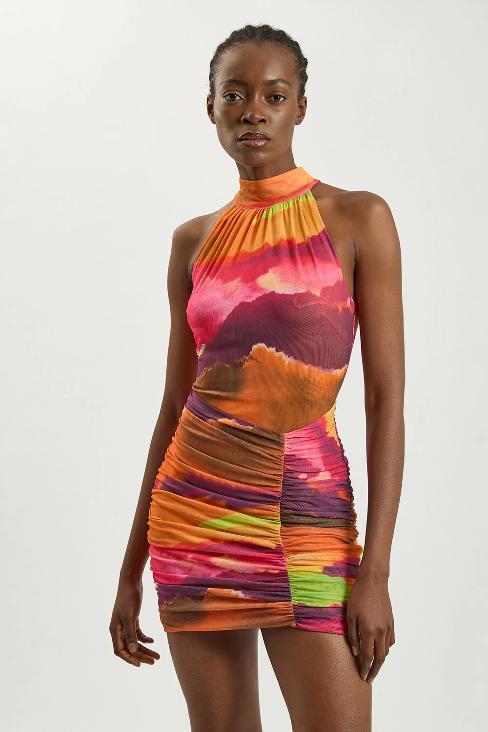 Marbled Printed Mesh Jersey High Neck Mini Dress - 1