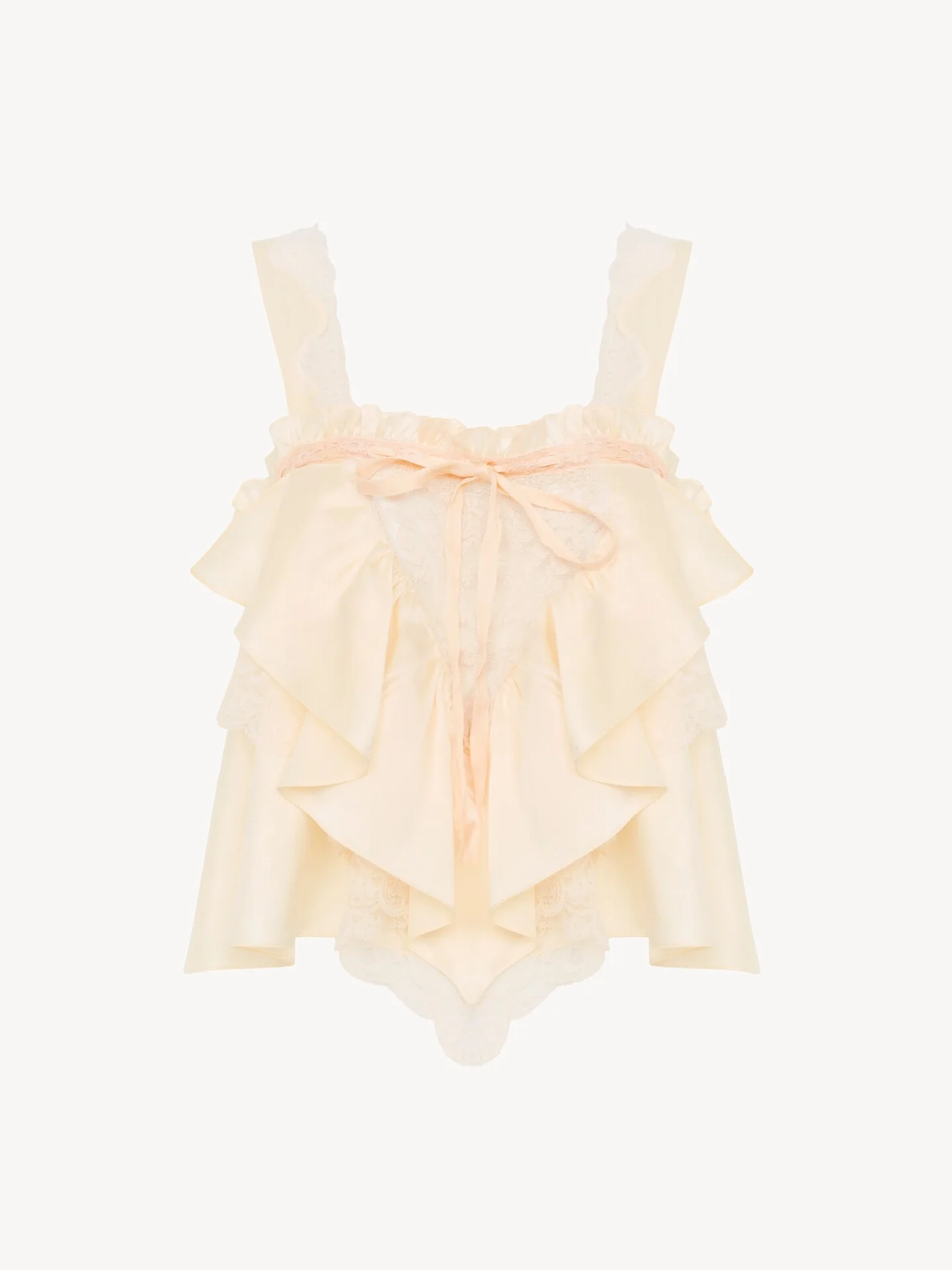 SLEEVELESS RUFFLE TOP IN WASHED SILK SATIN & LACE - 1