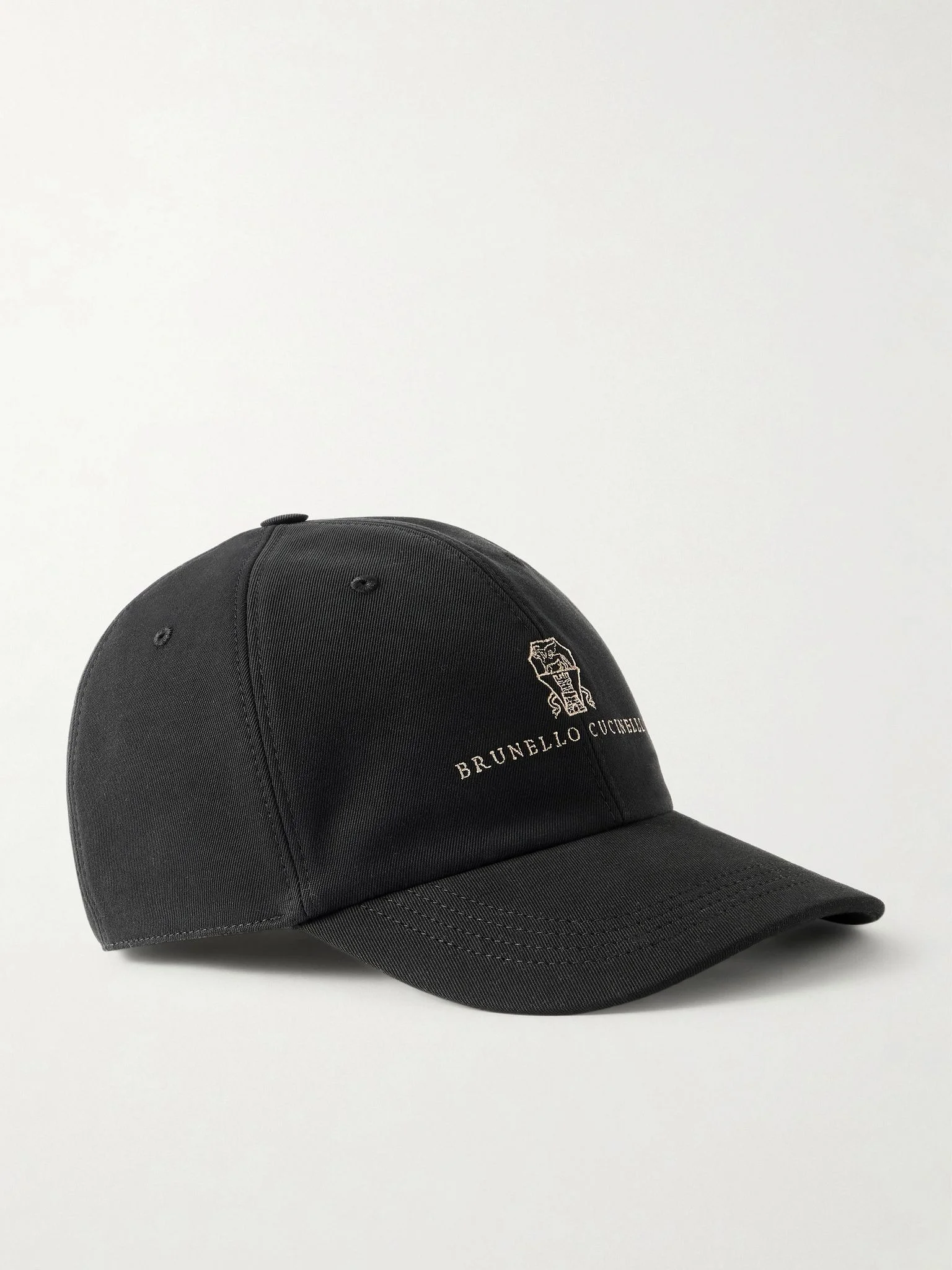 Logo-Embroidered Leather-Trimmed Cotton-Twill Baseball Cap Black - 1