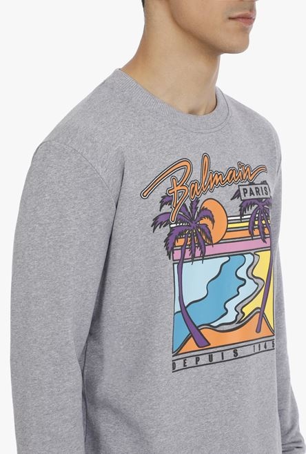 Gray cotton sweatshirt with multicolor Balmain Paris logo - 8