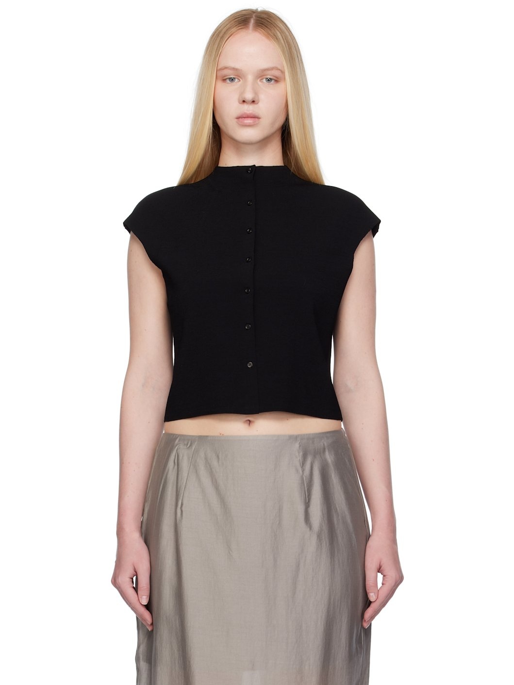 Black Wholegarment Cap Sleeve Cardigan Vest - 1