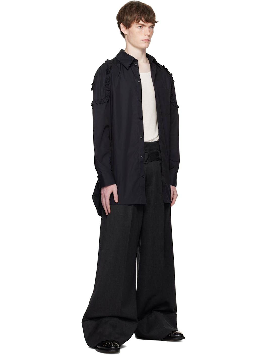 Black Ruffle Shoulder Patch Tunic Shirt - 4