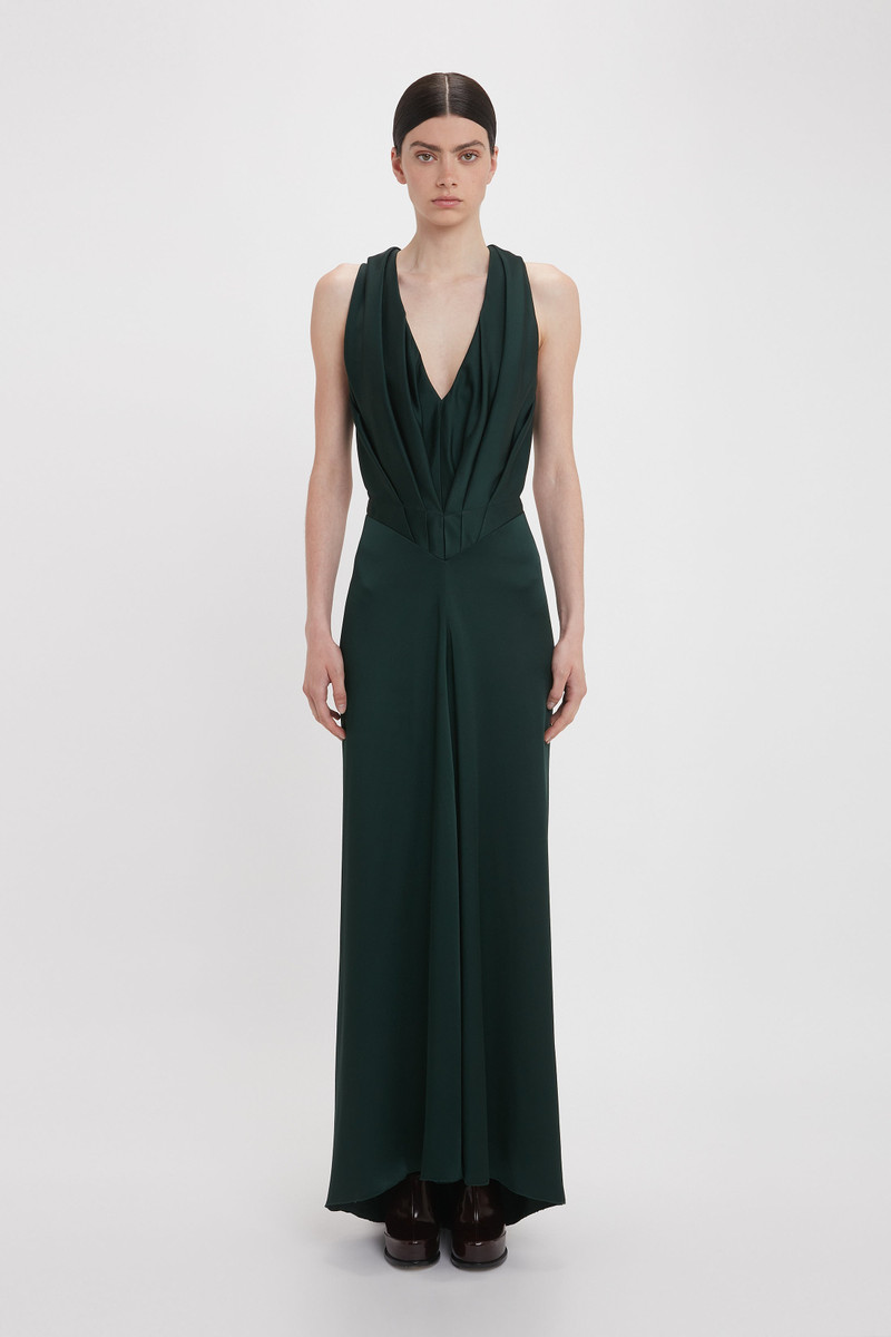 Victoria Beckham V-Neck Gathered Floor-Length In Seaweed outlook