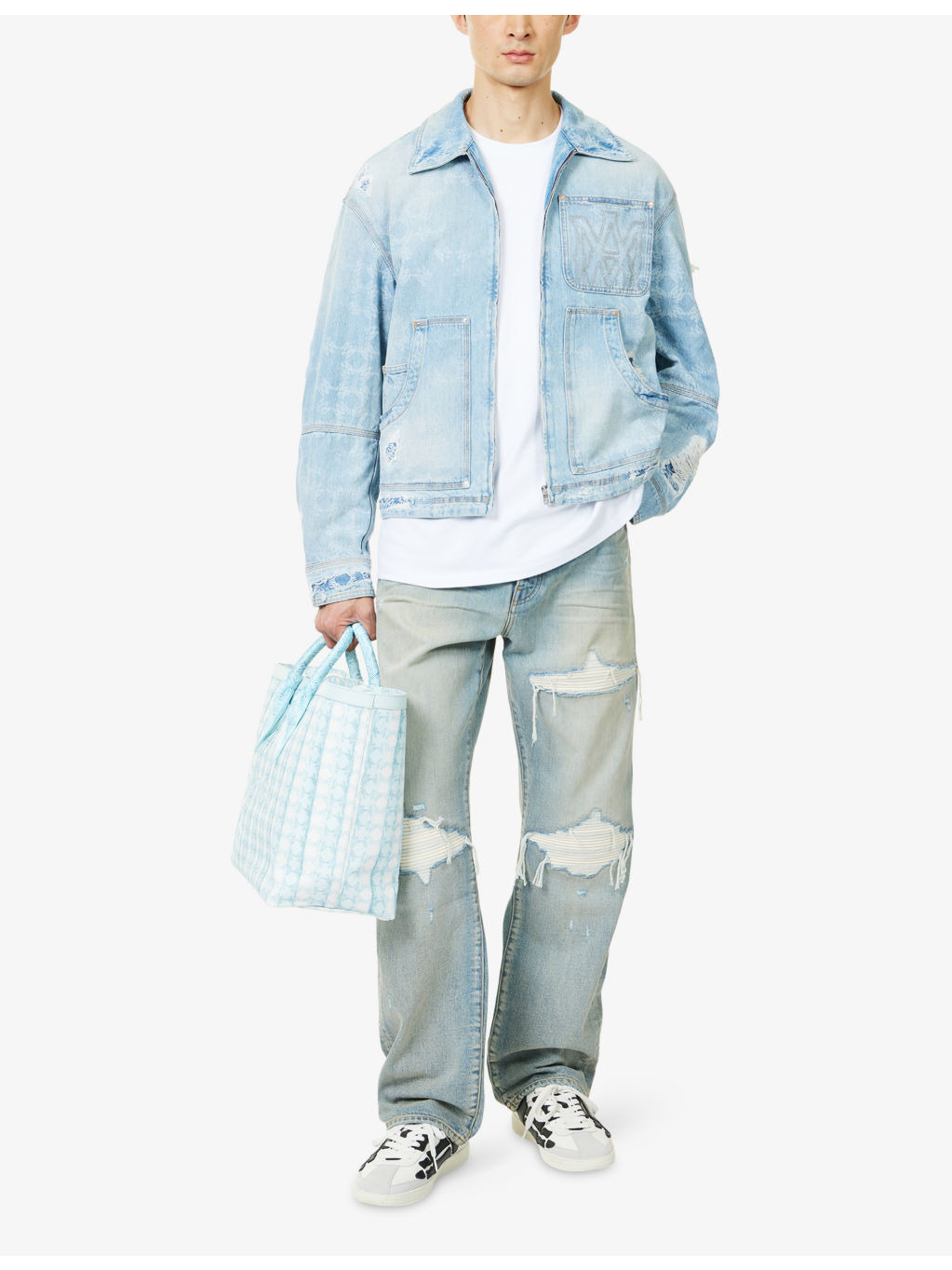 Embroidered-Logo Distressed Denim Jacket - 2
