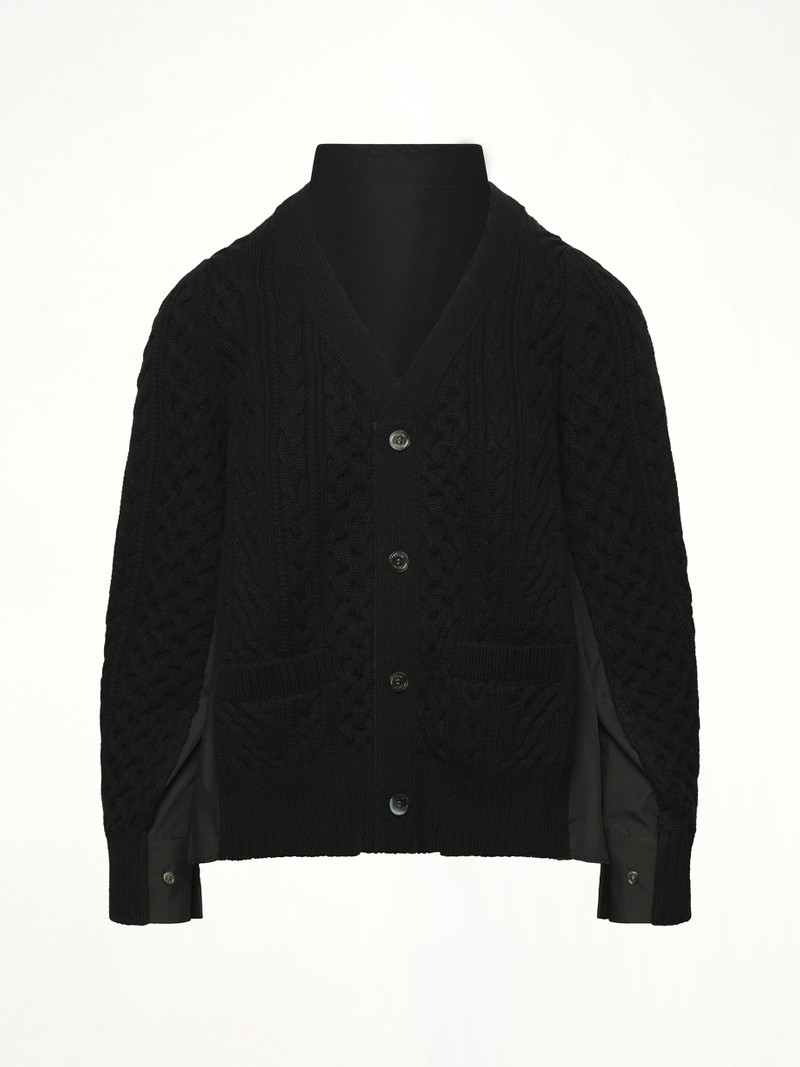 sacai Wool Knit x Cotton Poplin Cardigan in Black/Black outlook