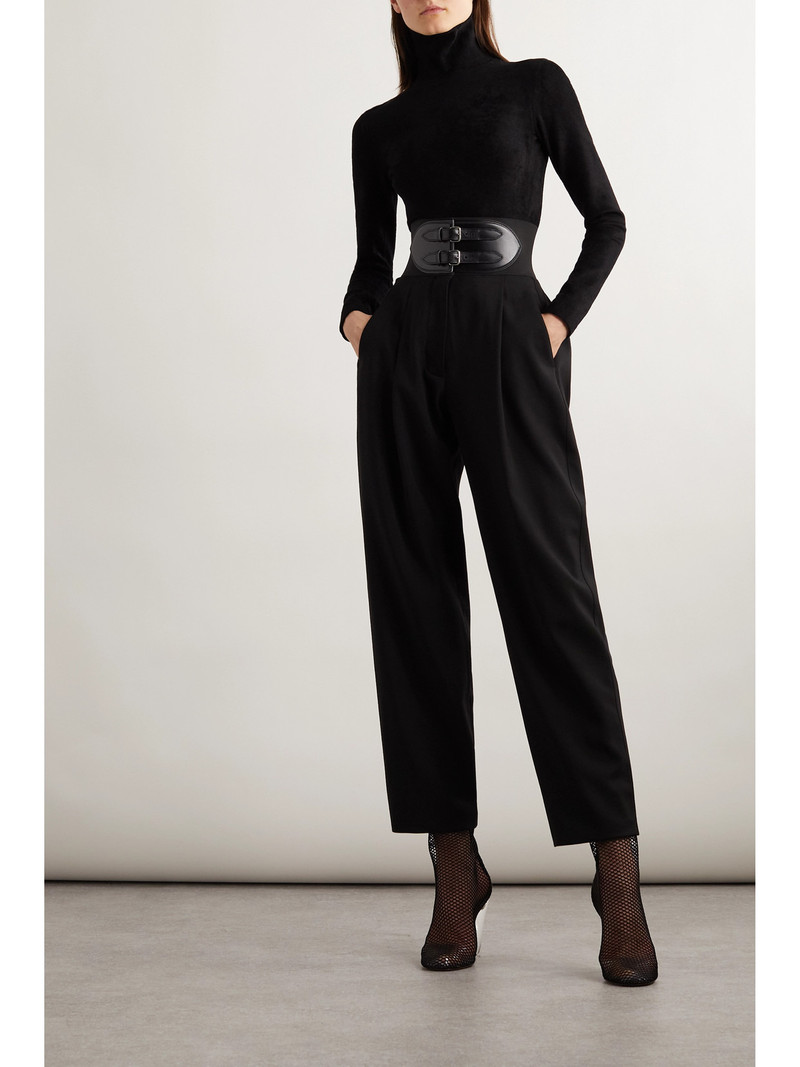Alaïa Belted Pleated Leather-trimmed Wool-blend Tapered Pants outlook