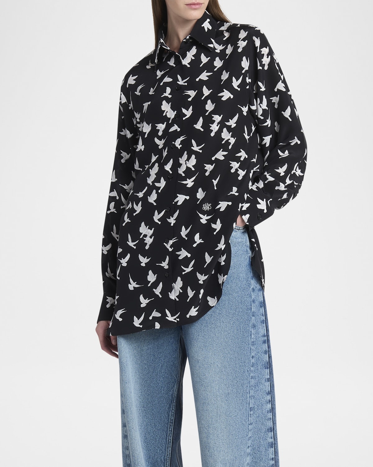 Flying Bird Silk Oversized Button-Down Shirt - 4