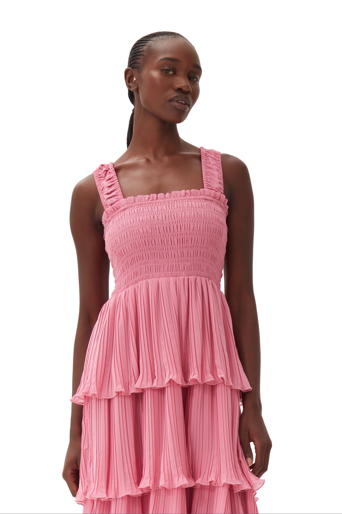 PINK PLEATED GEORGETTE FLOUNCE SMOCK MIDI DRESS - 3