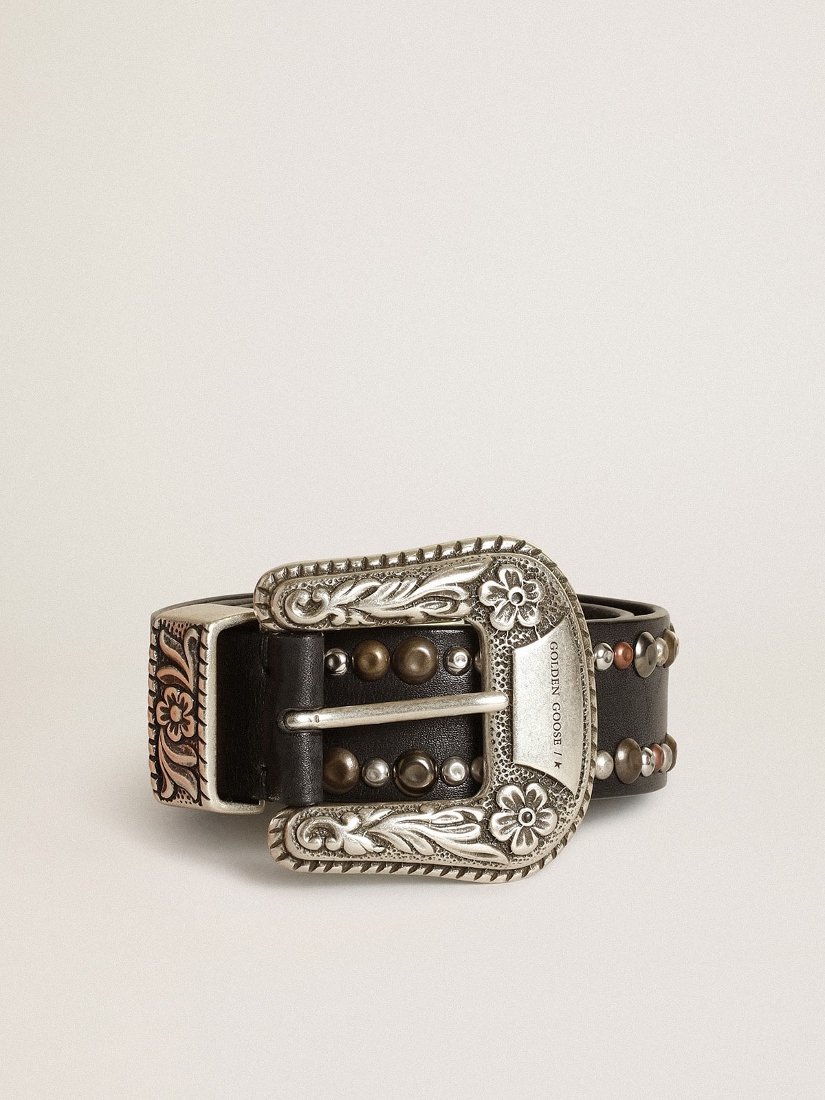 Women's belt in black leather with studs - 1