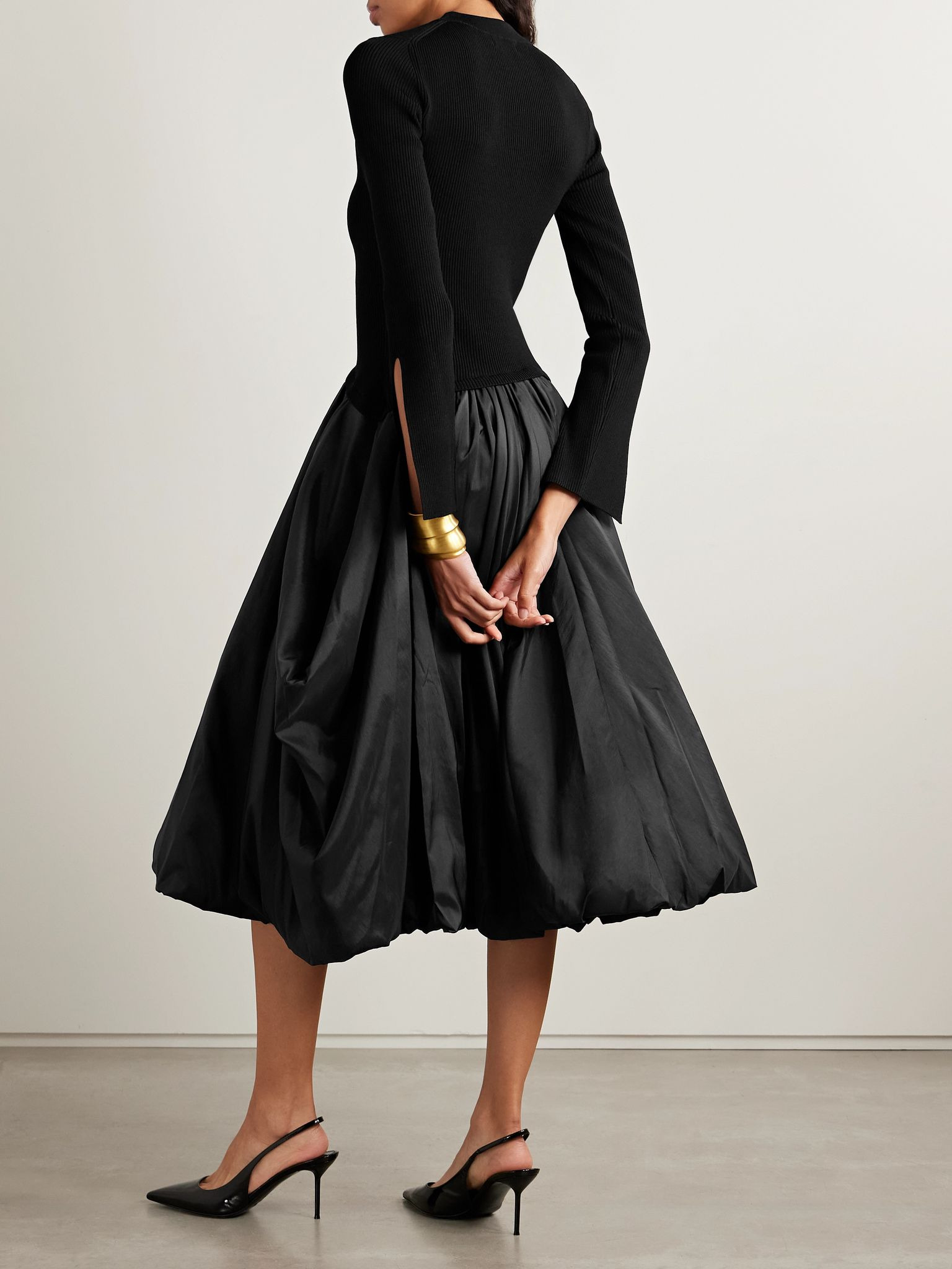 Kenlie ribbed-knit and taffeta midi dress Black - 3