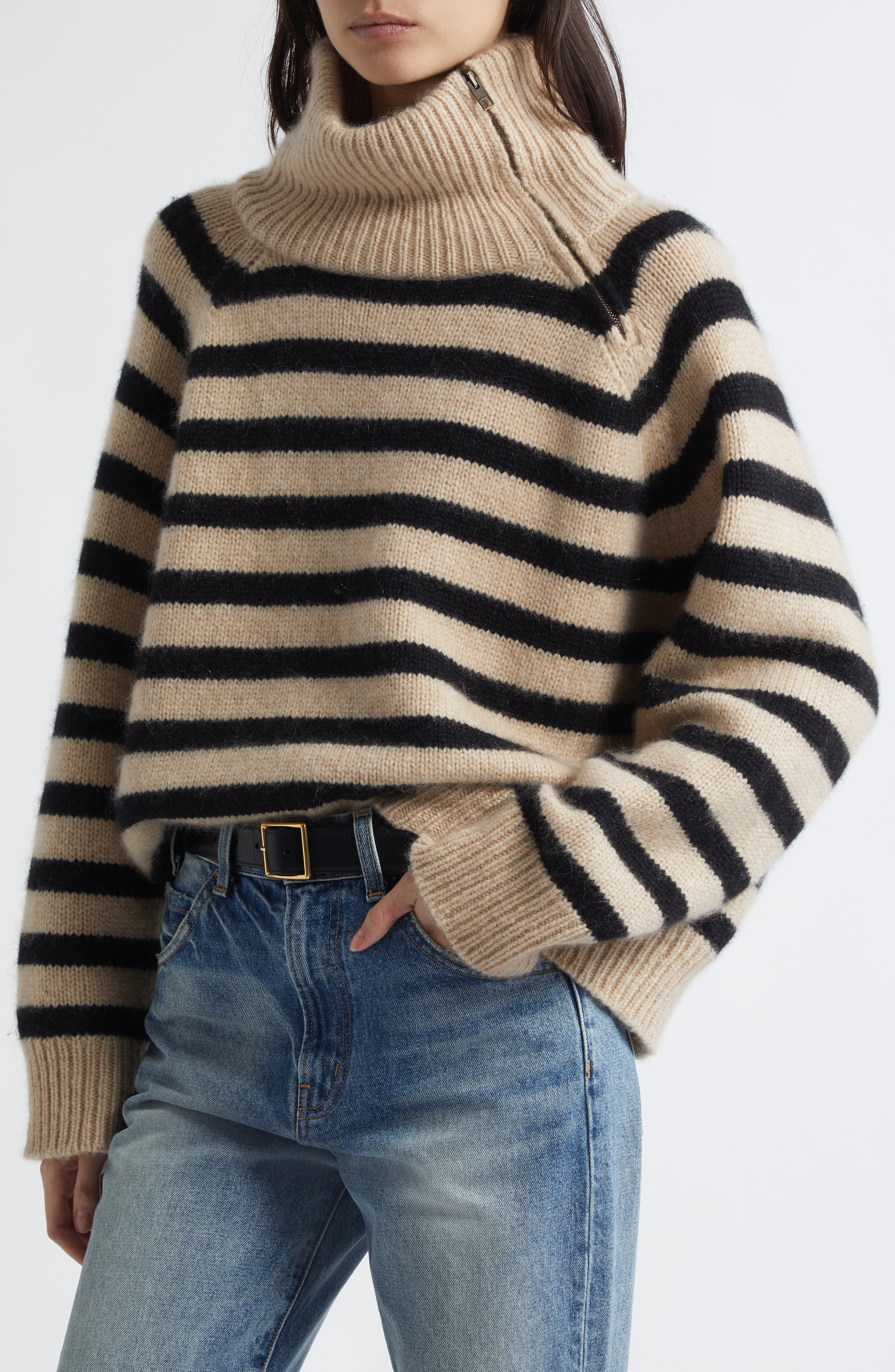 Nili Lotan Raelynn Stripe Turtleneck Cashmere Sweater in Parchment/Black Stripe at Nordstrom - 5