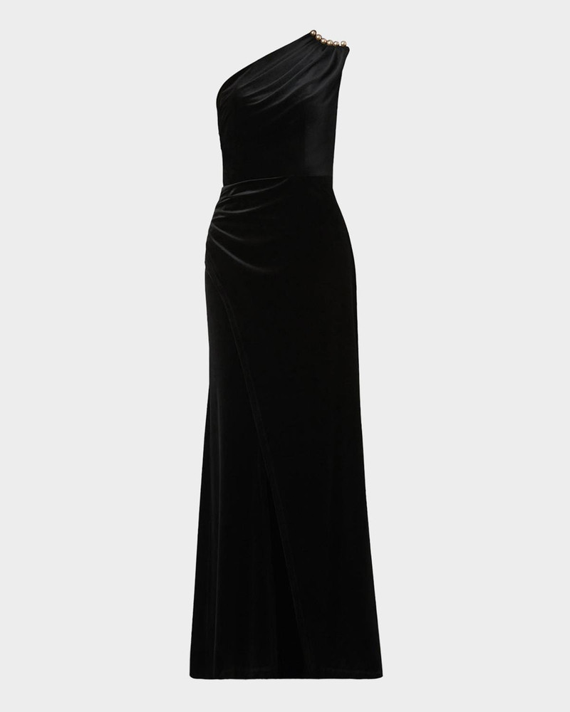 Ola Pleated One-Shoulder Stretch Velvet Gown 1