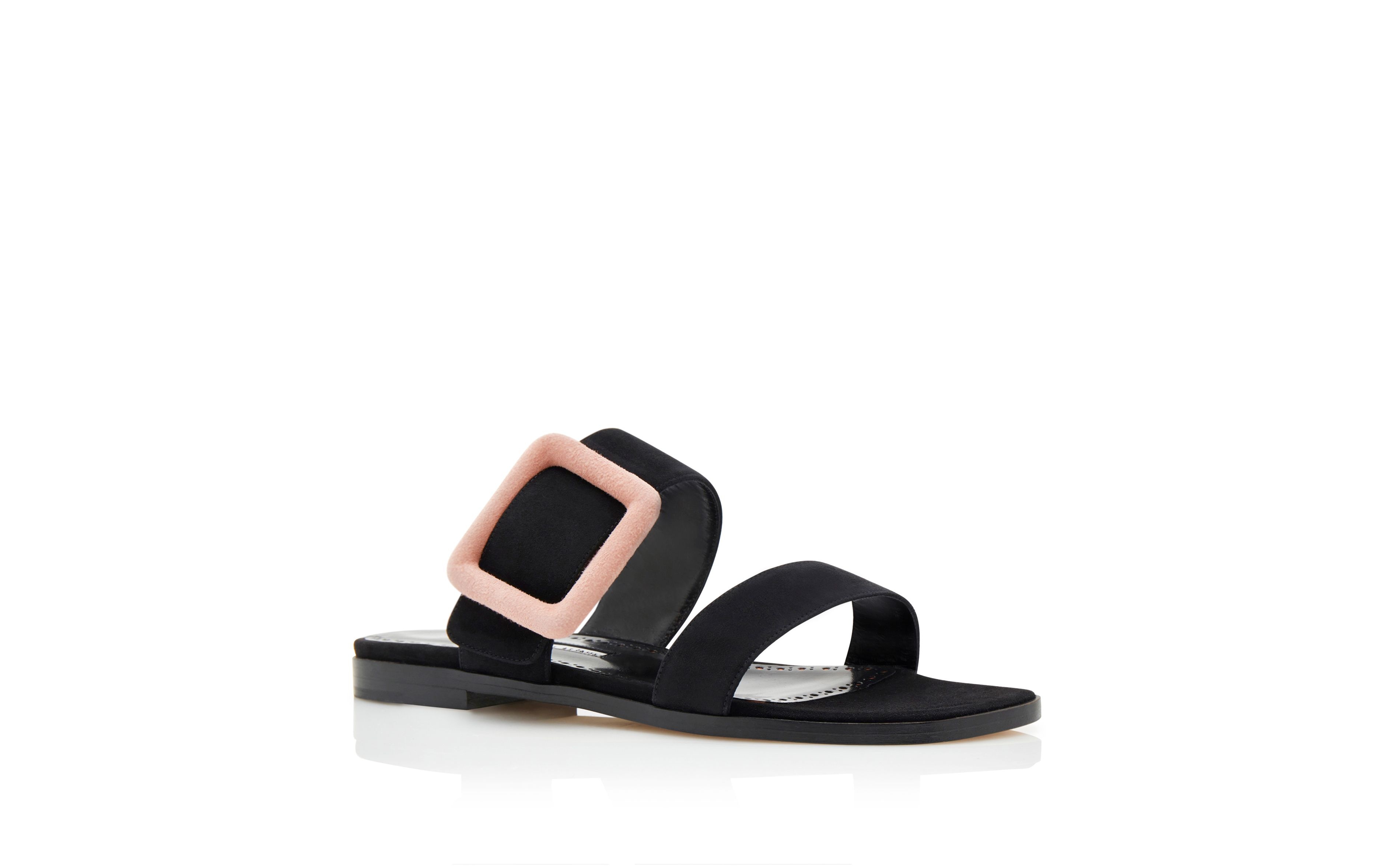 Black and Light Beige Suede Buckle Flat Mules - 3