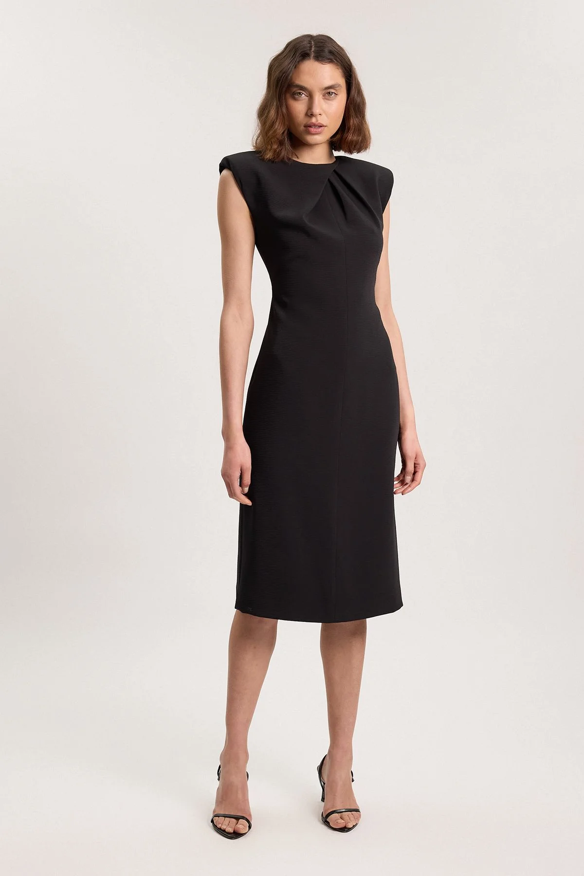 Tailored Sleeveless Neck Detail Pencil Midi Dress - 1