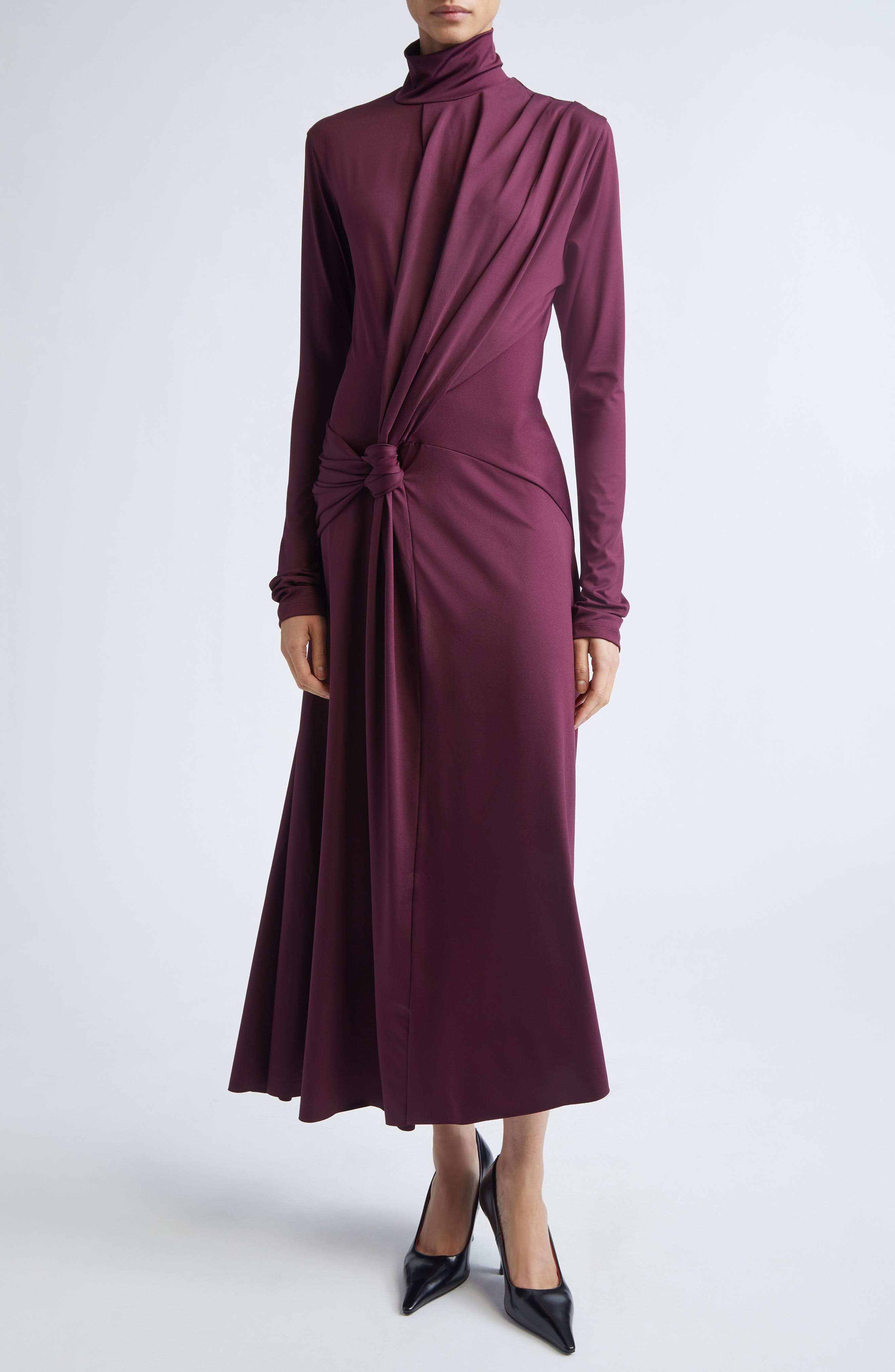 Victoria Beckham Asymmetric Mock Neck Long Sleeve Midi Dress in Merlot at Nordstrom - 1
