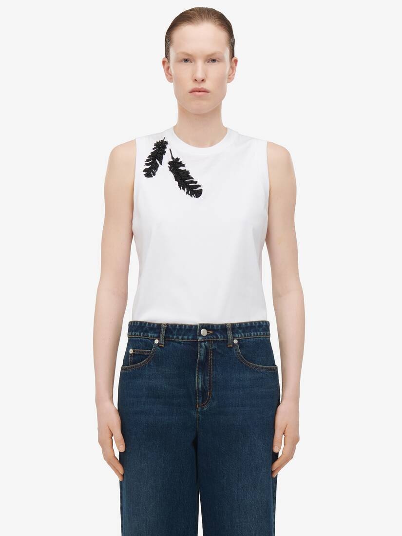 Women's Feather Embroidery Tank Top in Optical White - 1