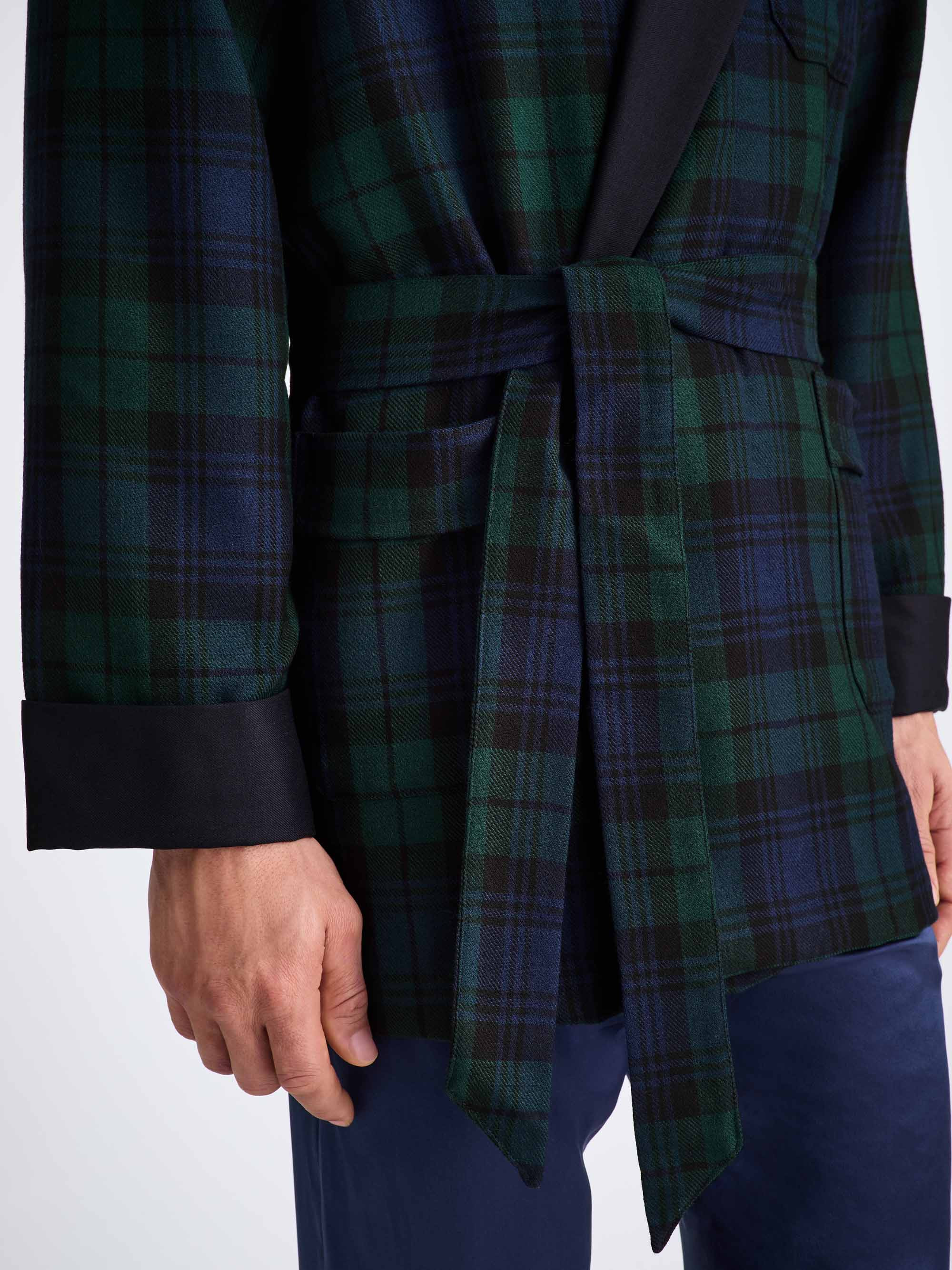 Men's Smoking Jacket Tartan Wool Black Watch Navy - 6