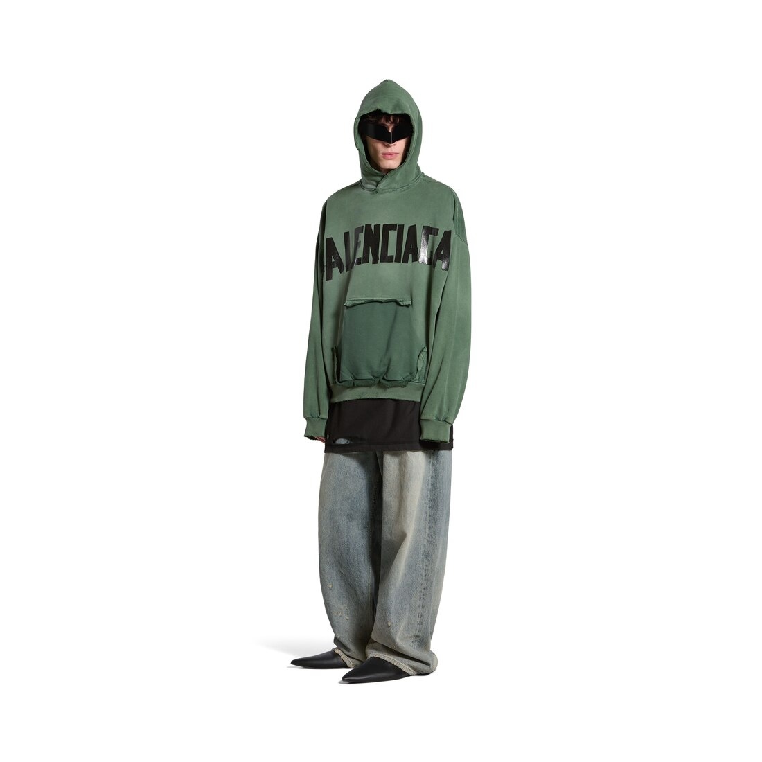 New Tape Type Ripped Pocket Hoodie Large Fit in Dark Green - 2