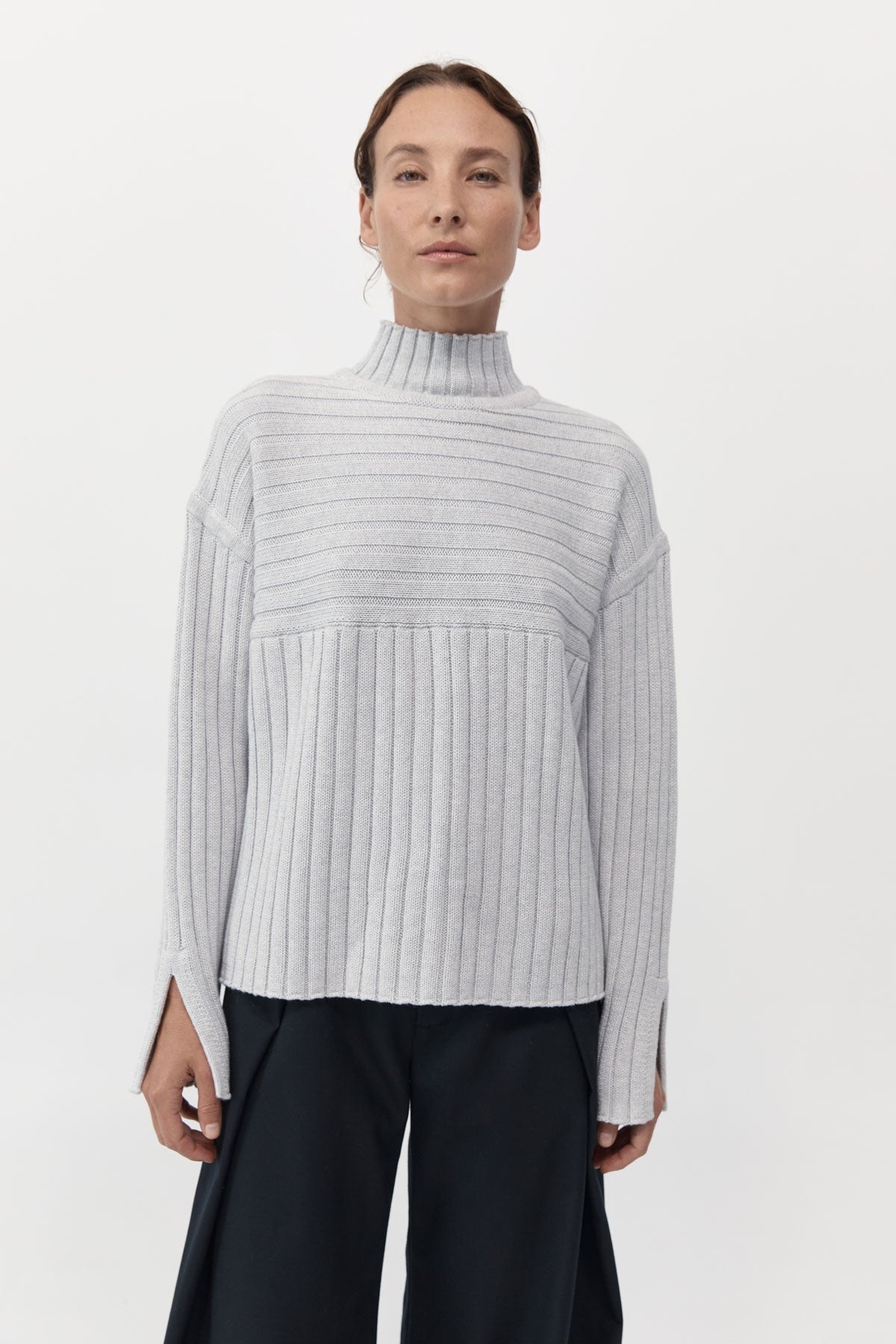 Mock Neck Rib Knit Jumper - Soft Grey - 3